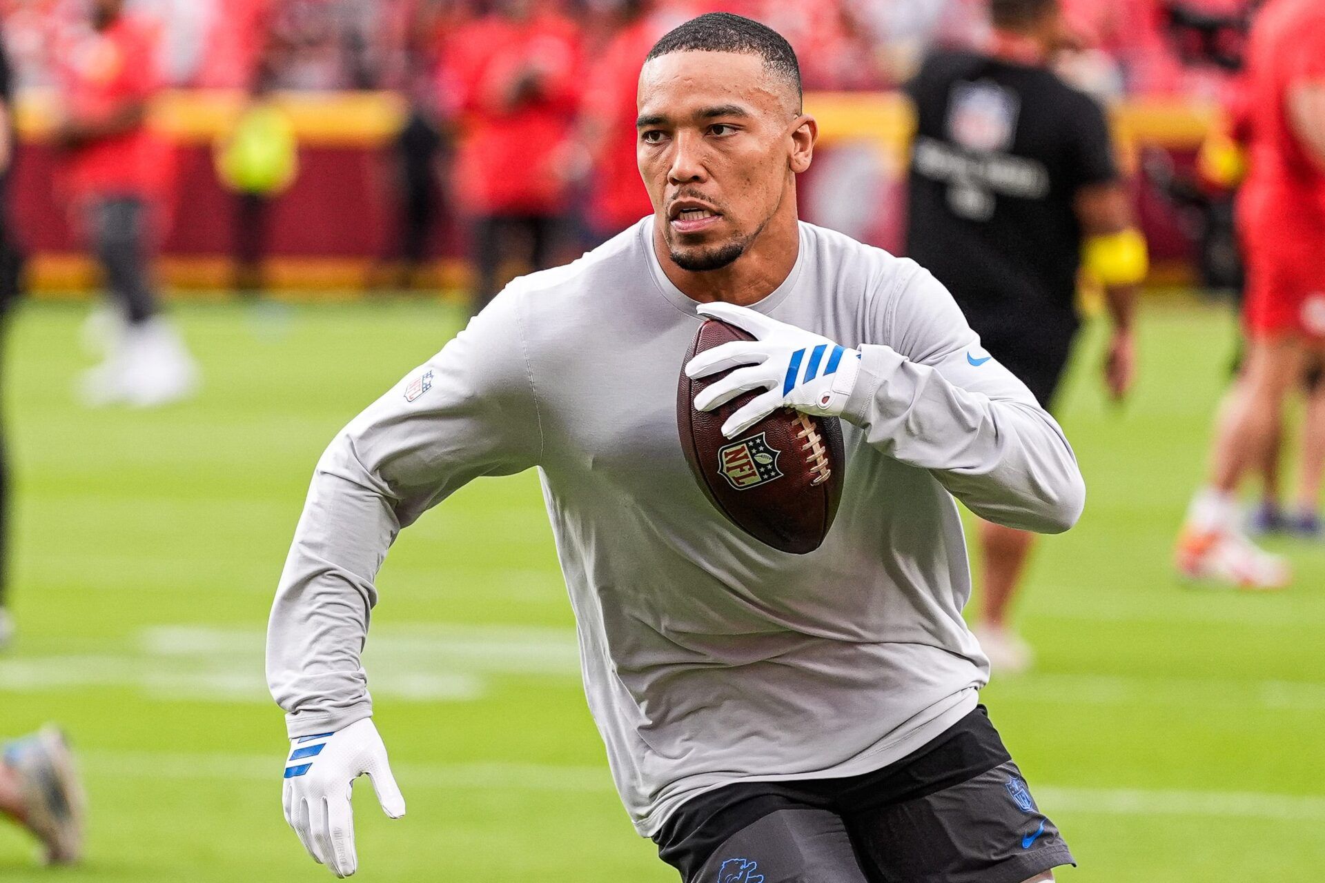 Detroit Lions wide receiver Amon-Ra St. Brown (14) warms up at Arrowhead Stadium in Kansas City, Missouri on Sunday, Oct. 12, 2025.