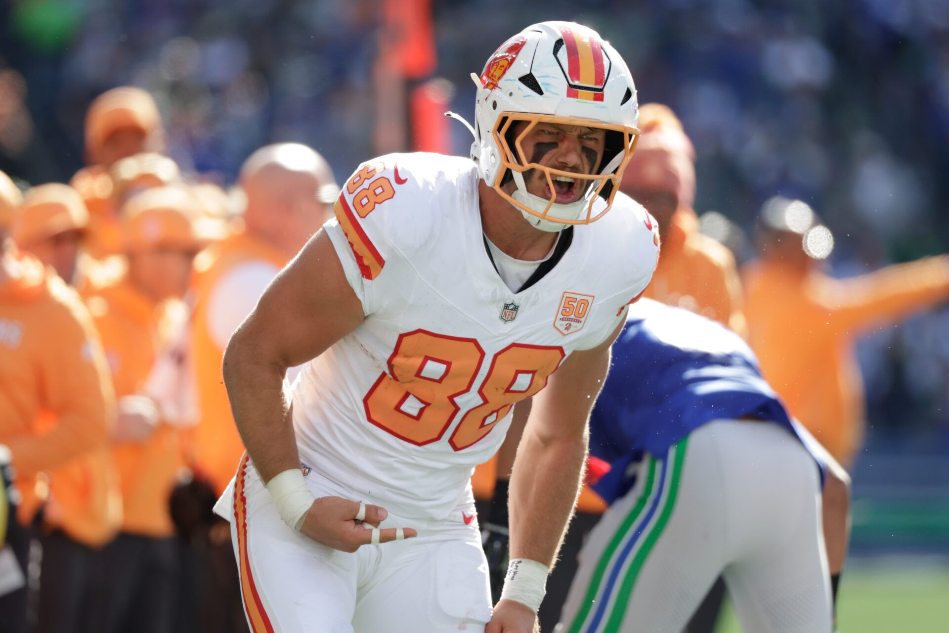 Tampa Bay Buccaneers tight end Cade Otton (88) reacts after making a catch against the Seattle Seahawks during the first half at Lumen Field.