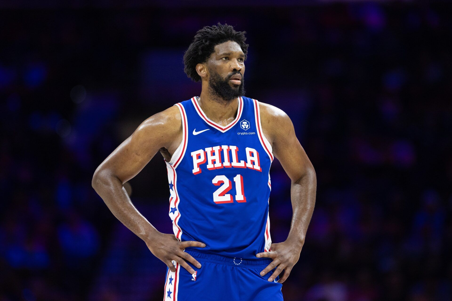 Philadelphia 76ers center Joel Embiid (21) looks on during the third quarter against the Boston Celtics at Wells Fargo Center.