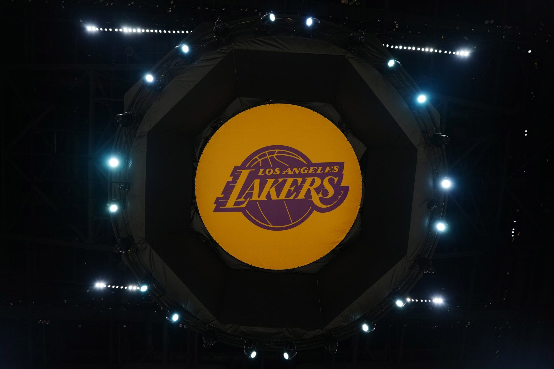 The Los Angeles Lakers logo on the video board at the Crypto.com Arena.