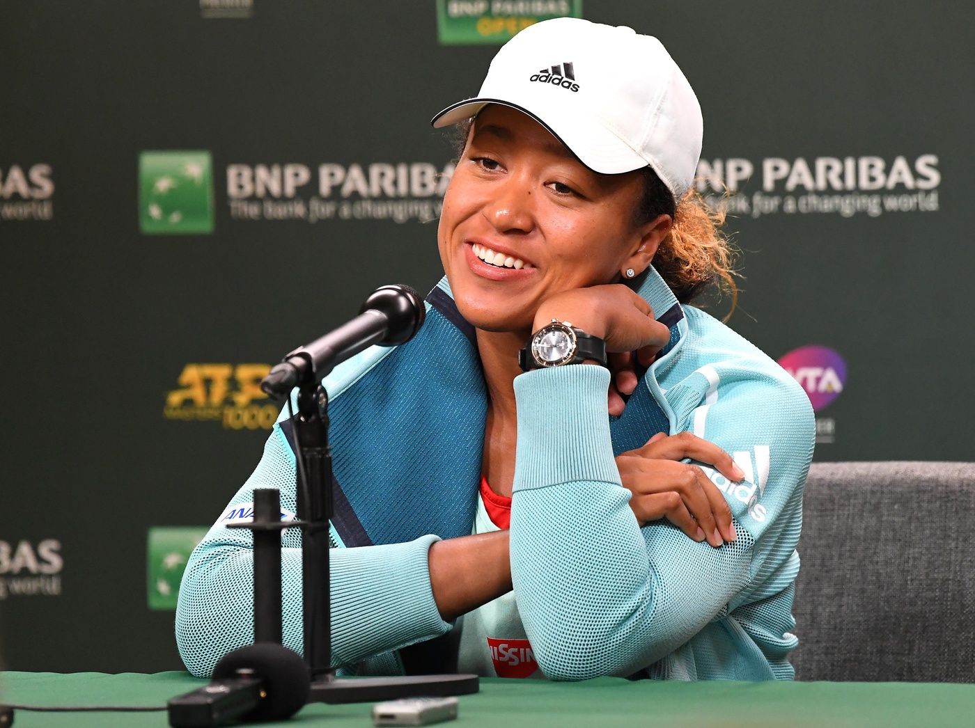 Naomi Osaka (JPN) answers questions during a press conference at the BNP Paribas Open at the Indian Wells Tennis Garden.