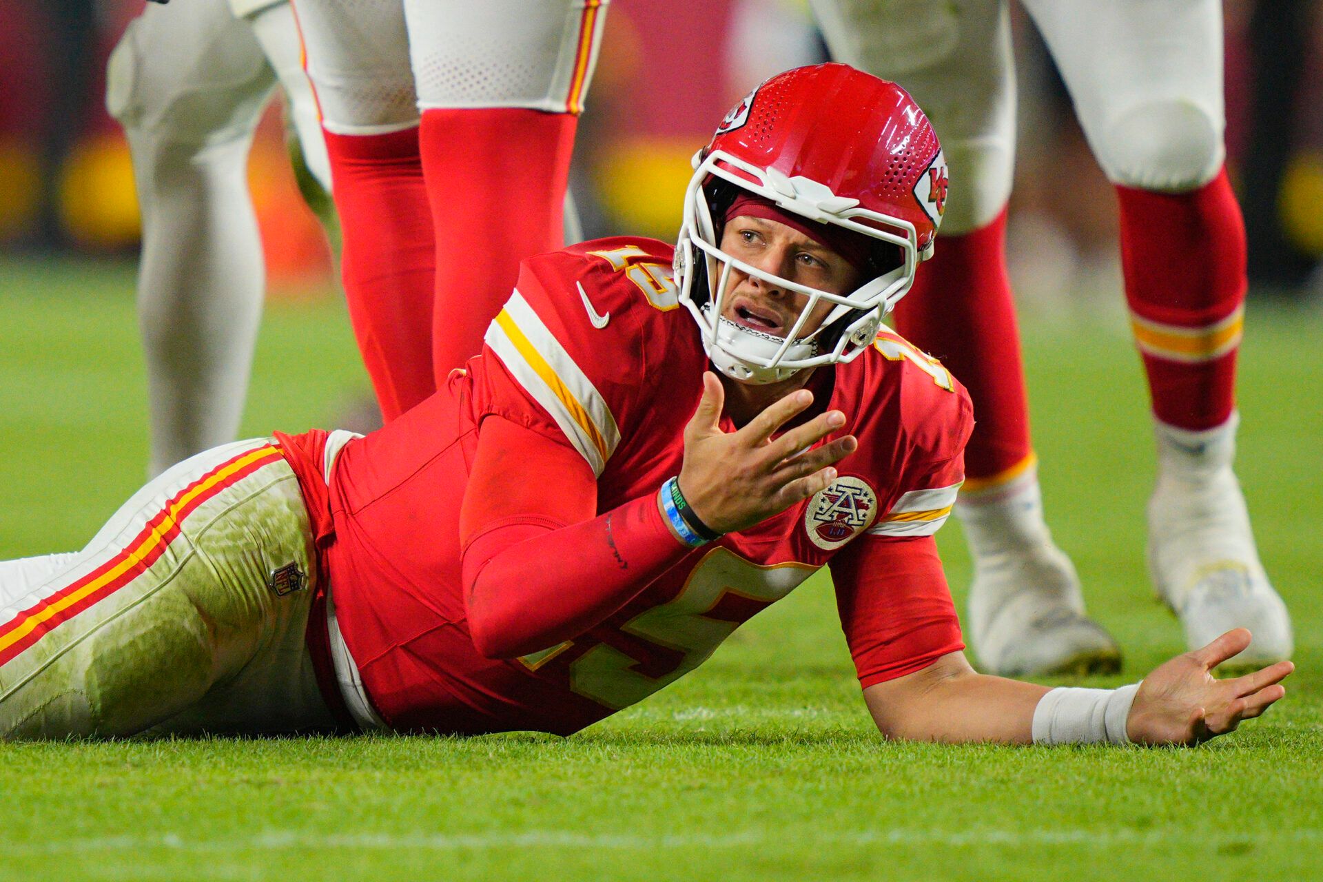 Kansas City Chiefs quarterback Patrick Mahomes (15) reacts after a play /against the Detroit Lions during the second half at GEHA Field at Arrowhead Stadium.