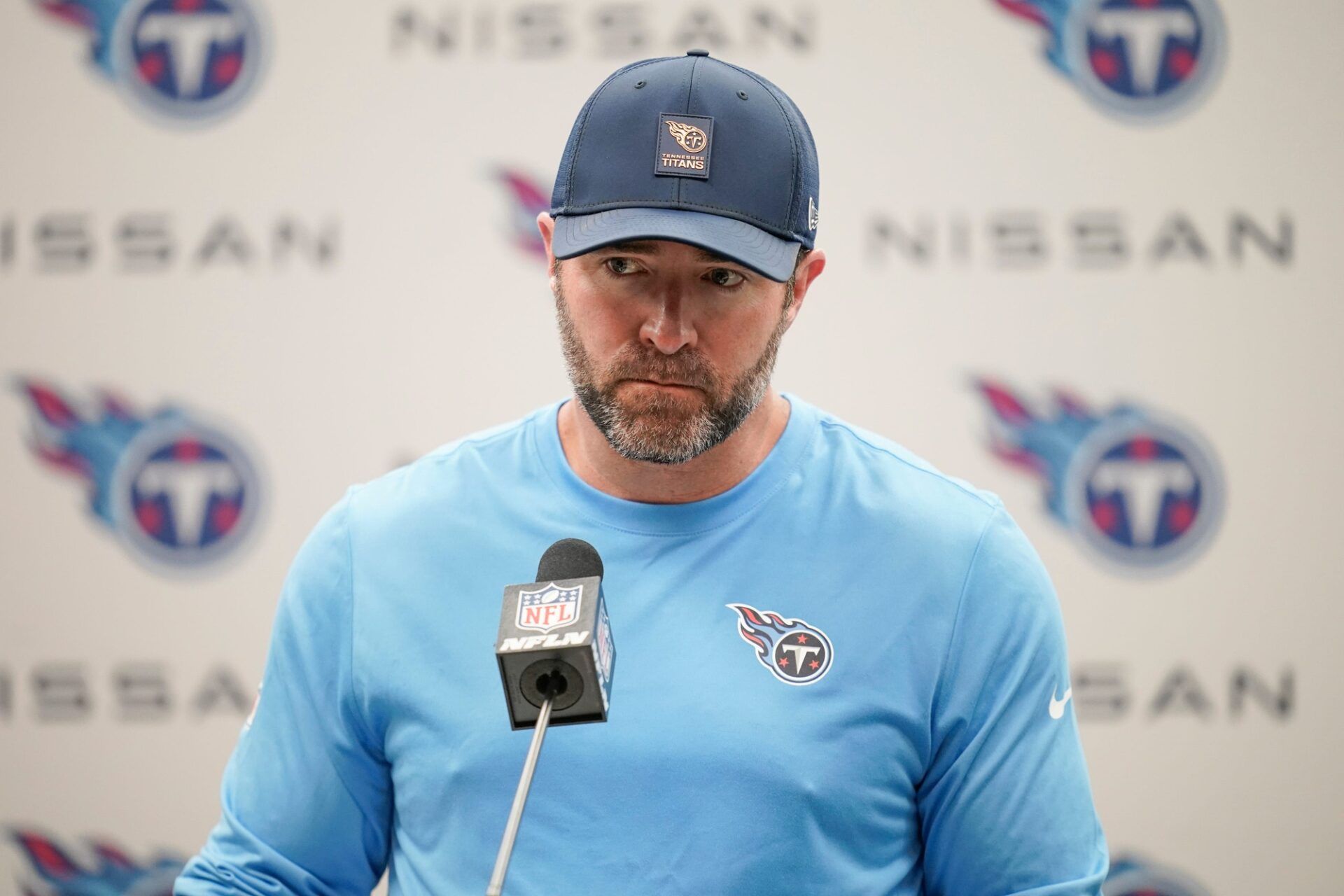 Tennessee Titans coach Brian Callahan takes questions after their 41-20 loss against the Indianapolis Colts at Nissan Stadium in Nashville, Tenn., Sunday, Sept. 21, 2025.