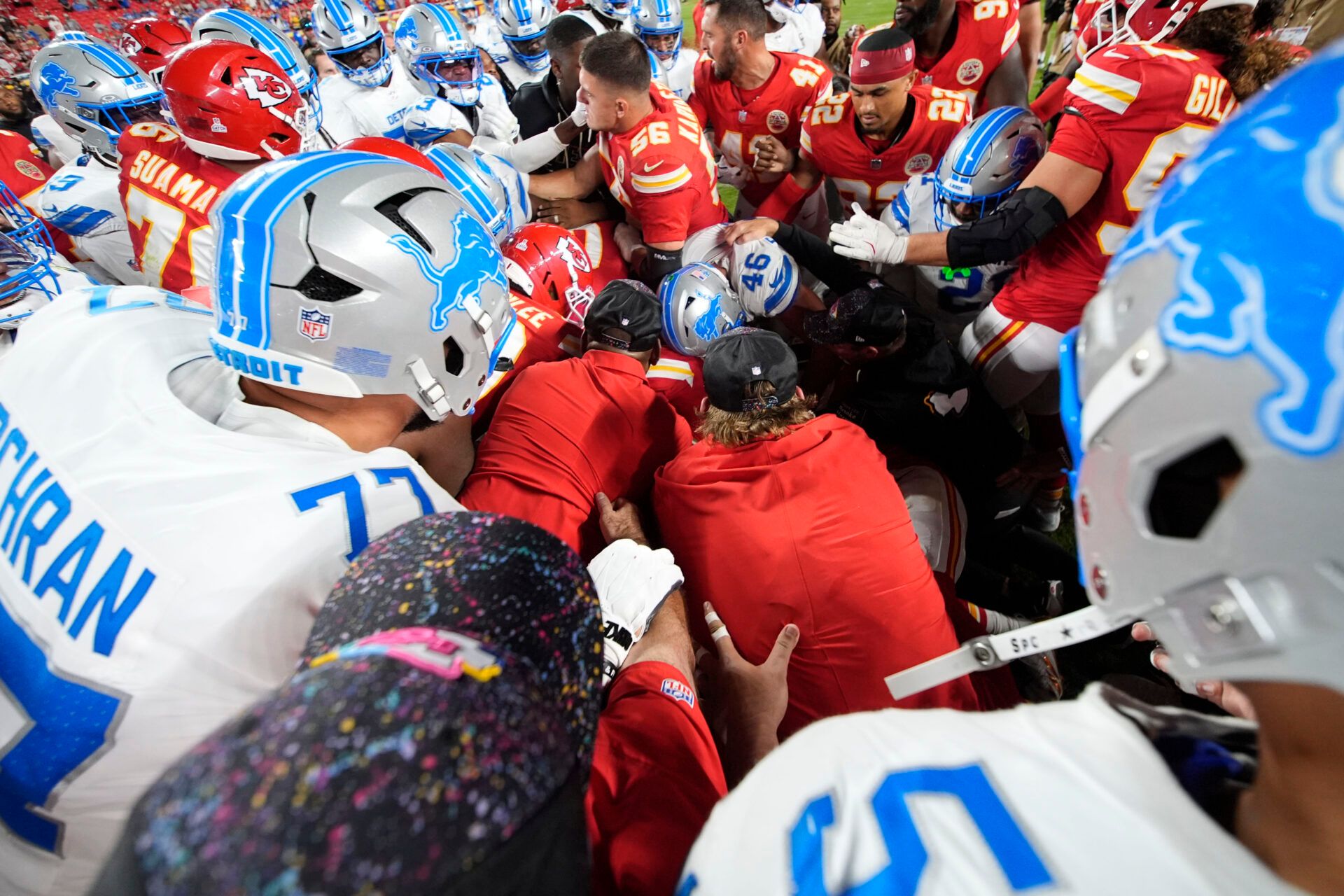 Detroit Lions safety Brian Branch (32) and Kansas City Chiefs wide receiver Juju Smith-Schuster (9) get into a fight after the game at GEHA Field at Arrowhead Stadium.