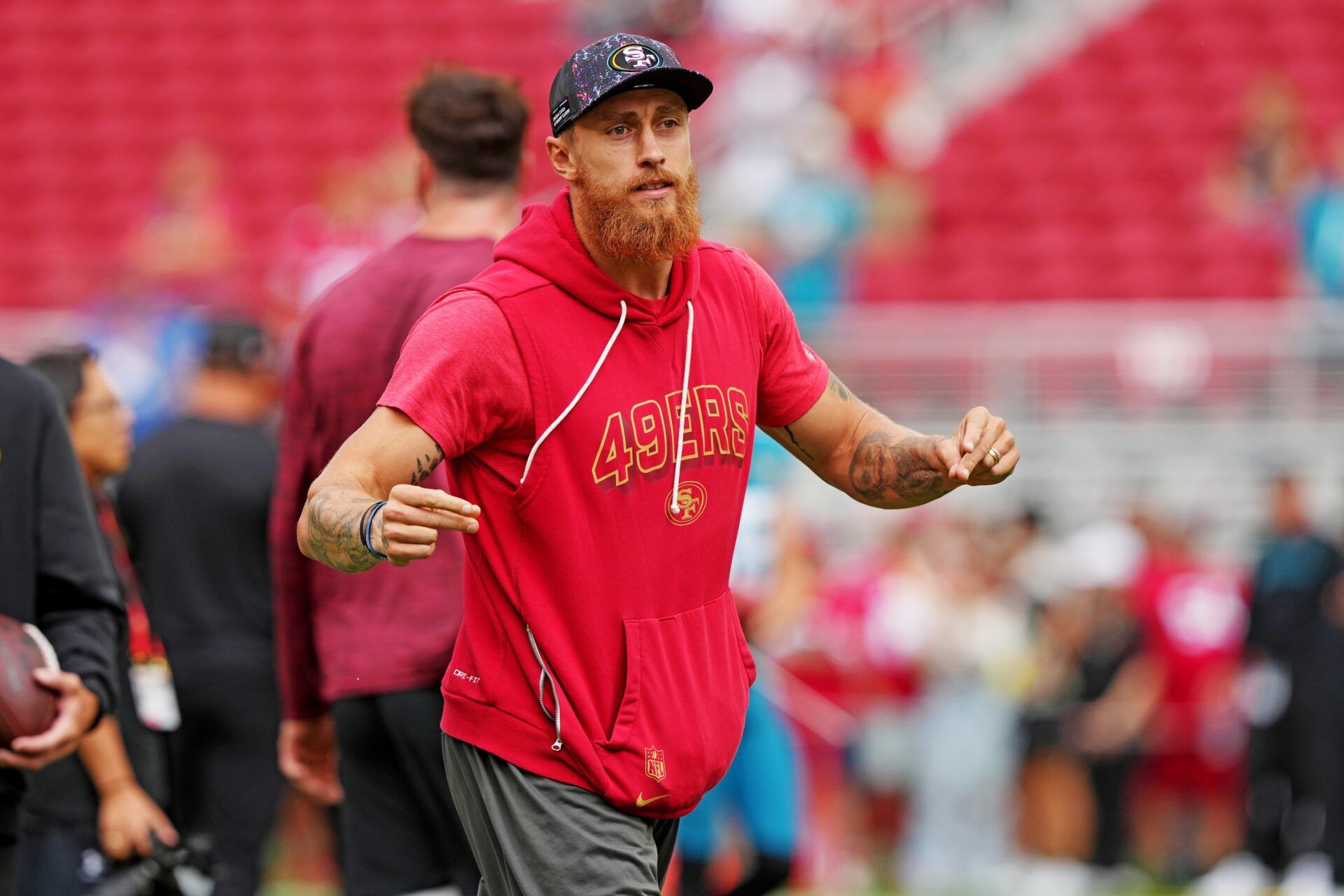 San Francisco 49ers tight end George Kittle (85) warms up before the game against the Jacksonville Jaguars at Levi's Stadium.