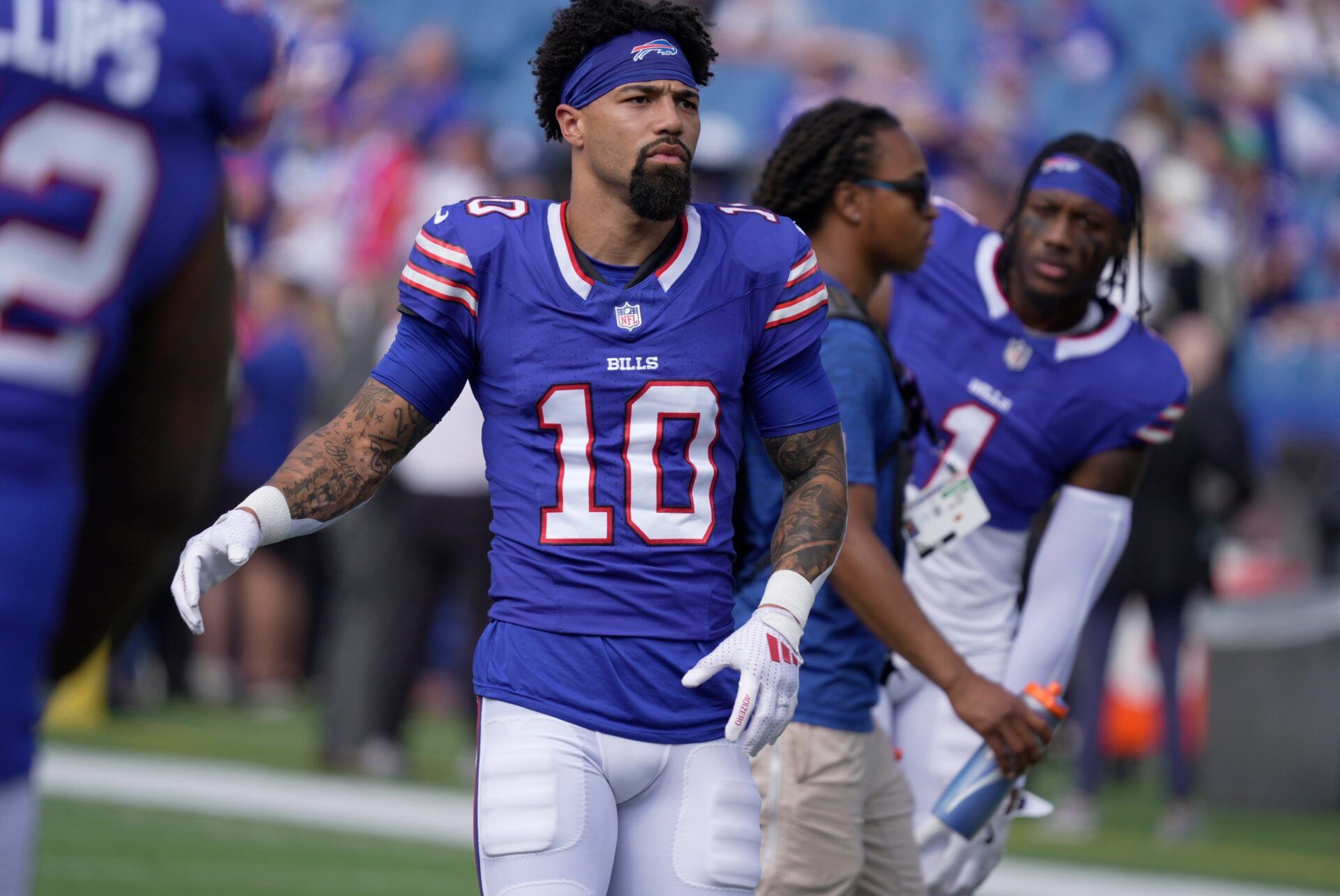 Buffalo Bills wide receiver Khalil Shakir warms up before the Bills home game against the New Orleans Saints in Orchard Park on Sept. 28, 2025.