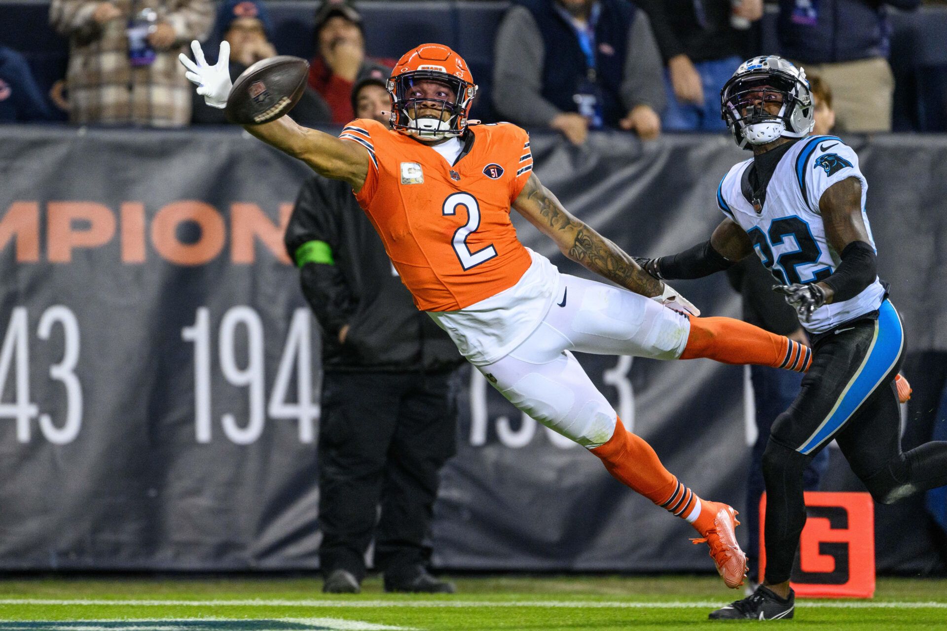 Chicago Bears wide receiver D.J. Moore (2) cannot make a diving catch against the Carolina Panthers during the first quarter at Soldier Field.