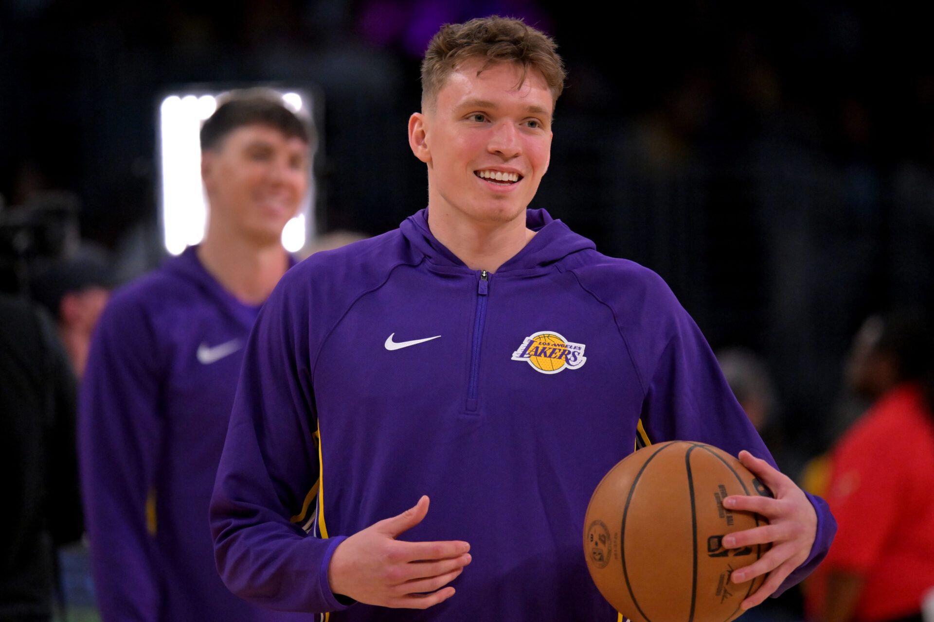 Los Angeles Lakers forward Dalton Knecht (4) warms up prior to the game against the Golden State Warriors at Crypto.com Arena.