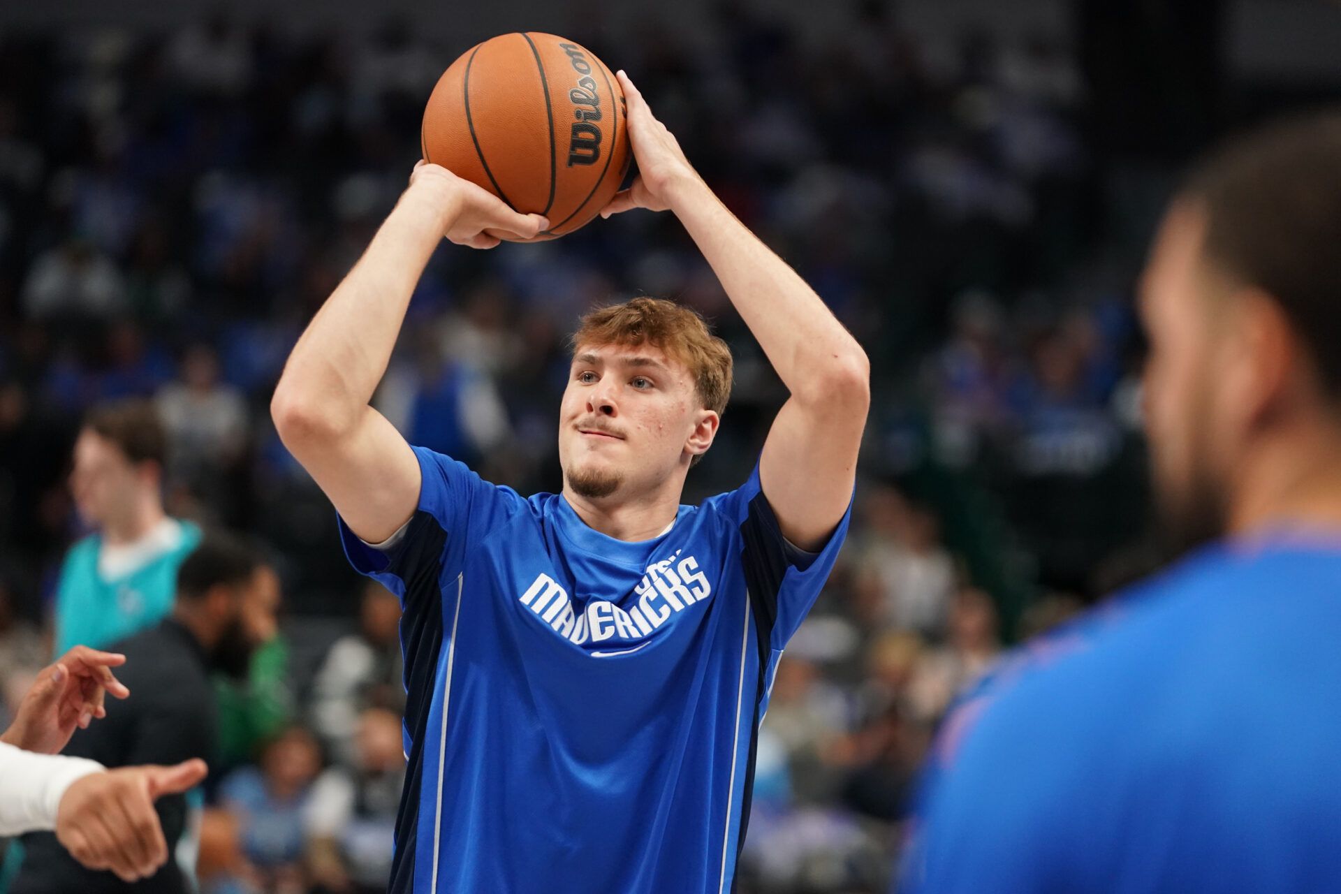 Dallas Mavericks forward Cooper Flagg (32) warms up prior to a game against the Charlotte Hornets at American Airlines Center.