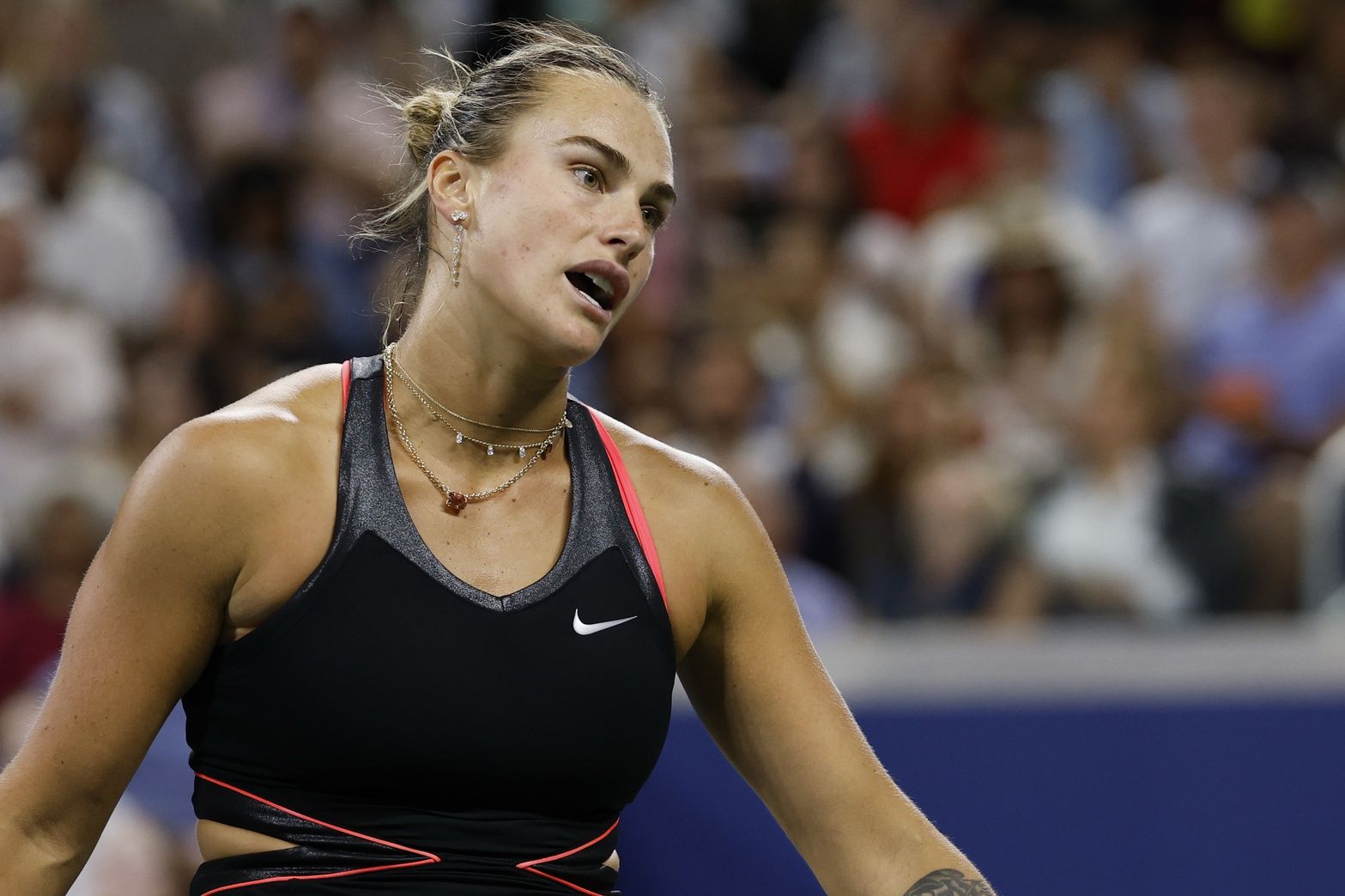 Aryna Sabalenka reacts after missing a shot against Leylah Fernandez (CAN) (not pictured) on day six of the 2025 US Open tennis tournament at Billie Jean King USTA National Tennis Center.