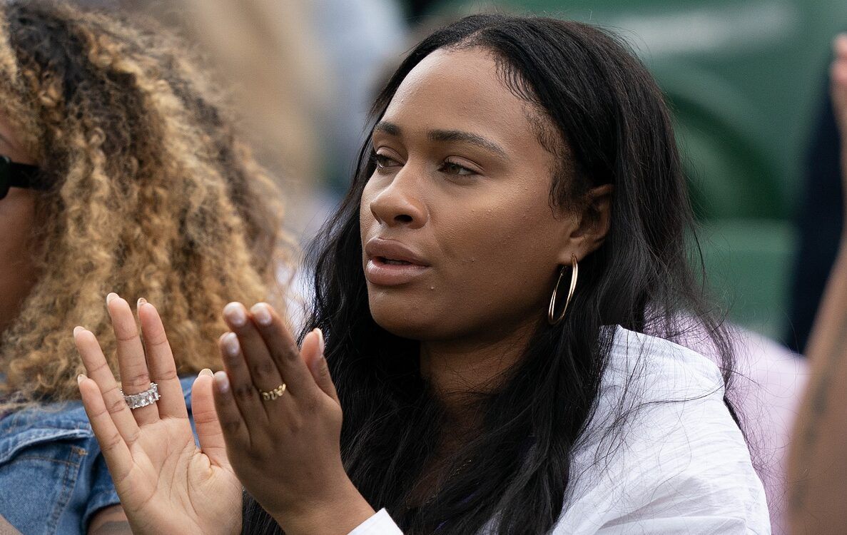 London, United Kingdom; Ayan Broomfield attends the match between her boyfriend Frances Tiafoe (USA) against Yiibling Wu (CHN) on day three of Wimbledon at the All England Lawn Tennis and Croquet Club.