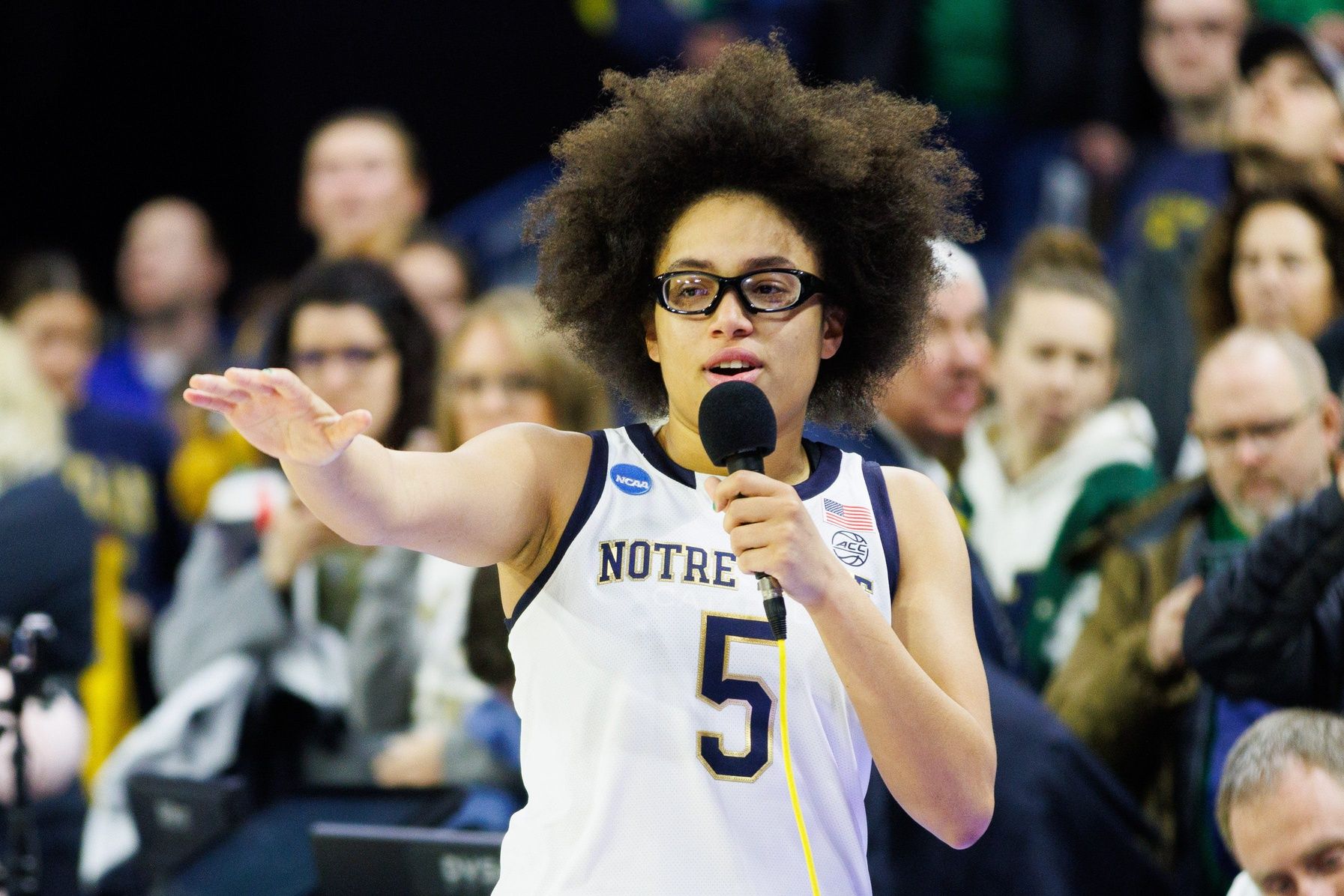 Notre Dame guard Olivia Miles addresses the crowd after winning the second round of the NCAA Women's Basketball Tournament 76-55 against Michigan at Purcell Pavilion on Sunday, March 23, 2025, in South Bend.