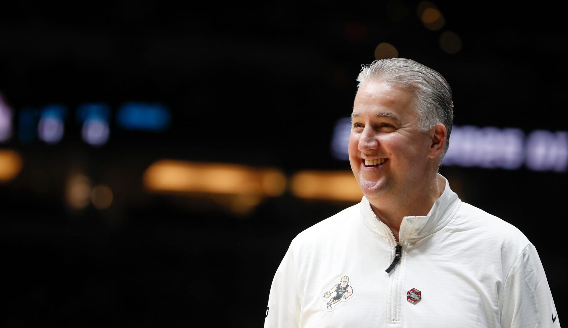 Purdue Boilermakers head coach Matt Painter smiles Friday, March 28, 2025, during the NCAA Tournament Sweet 16 game against the Houston Cougars at Lucas Oil Stadium in Indianapolis.