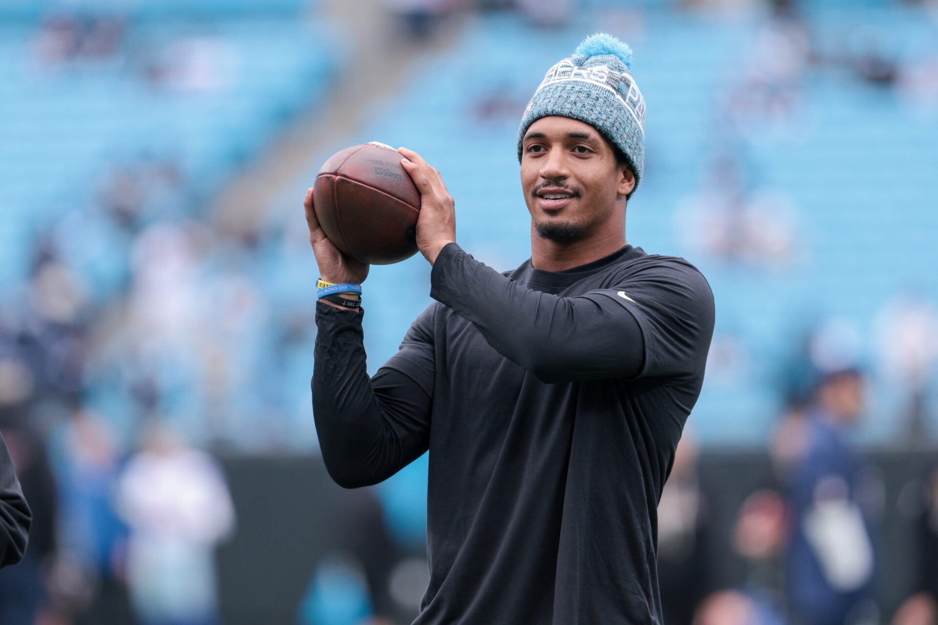 Carolina Panthers running back Chuba Hubbard (30) warms up before the game against the Carolina Panthers at Bank of America Stadium.
