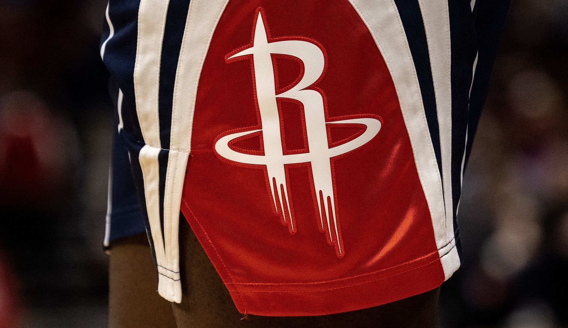 A detail of the Houston Rockets logo on the side of Houston Rockets forward Tari Eason (17) shorts as he plays against the Detroit Pistons in the second quarter at Toyota Center.