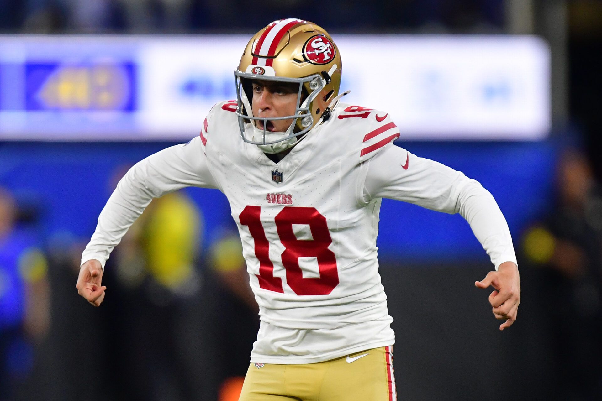 San Francisco 49ers placekicker Eddie Pineiro (18) reacts after making a 59 yard field goal against the Los Angeles Rams during the second half at SoFi Stadium.