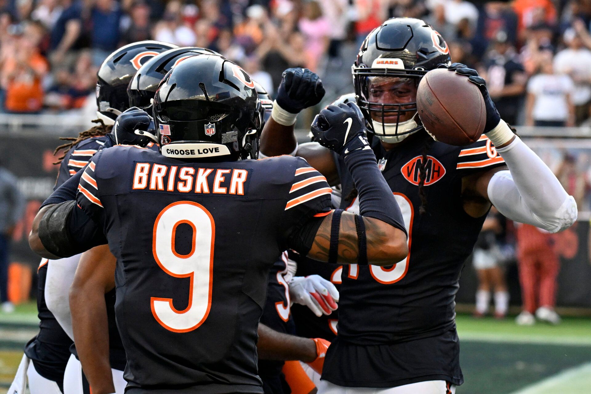 Chicago Bears middle linebacker Tremaine Edmunds (49) reacts after an interception against the Dallas Cowboys during the second half at Soldier Field.