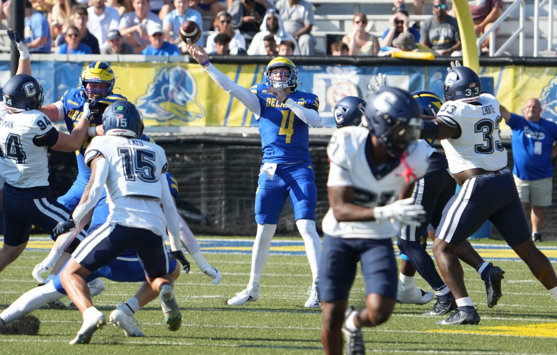Delaware's Nick Minicucci throws in the second quarter of Delaware's 44-41 overtime win against UConn at Delaware Stadium, Sept. 13, 2025.