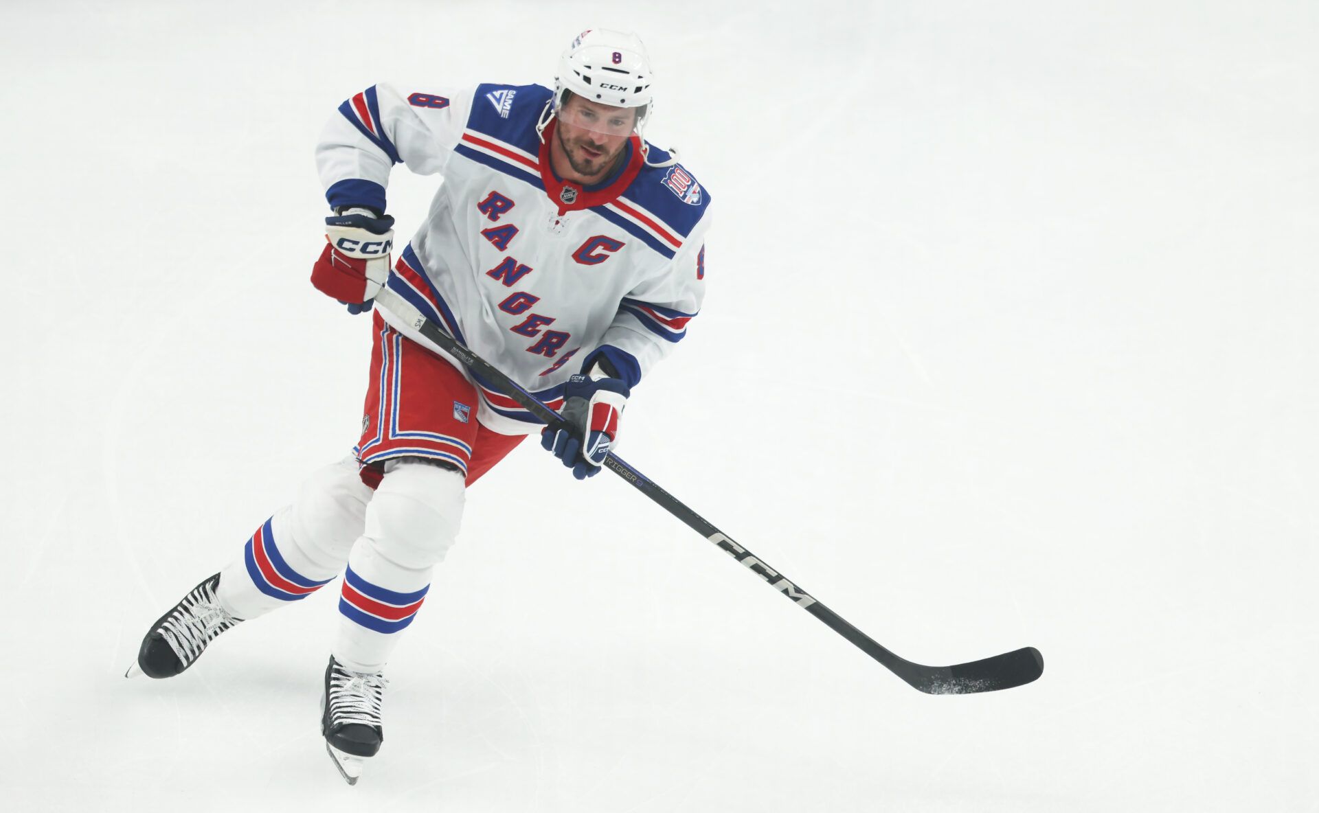 New York Rangers center J.T. Miller (8) warms up before the game against the Pittsburgh Penguins at PPG Paints Arena.