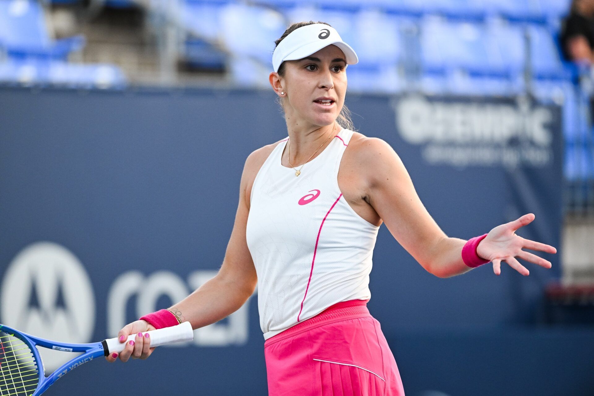 Belinda Bencic (SUI) reacts after losing a point against Karolina Muchova (CZE) in third round play at IGA Stadium.