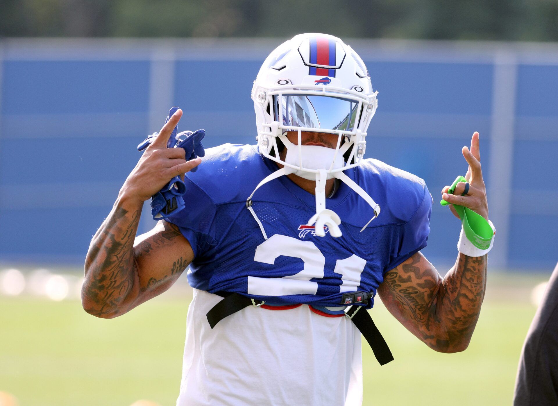Bills safety Jordan Poyer shares a laugh at the start of practice.

Jg 080621 Bills Poyer 1