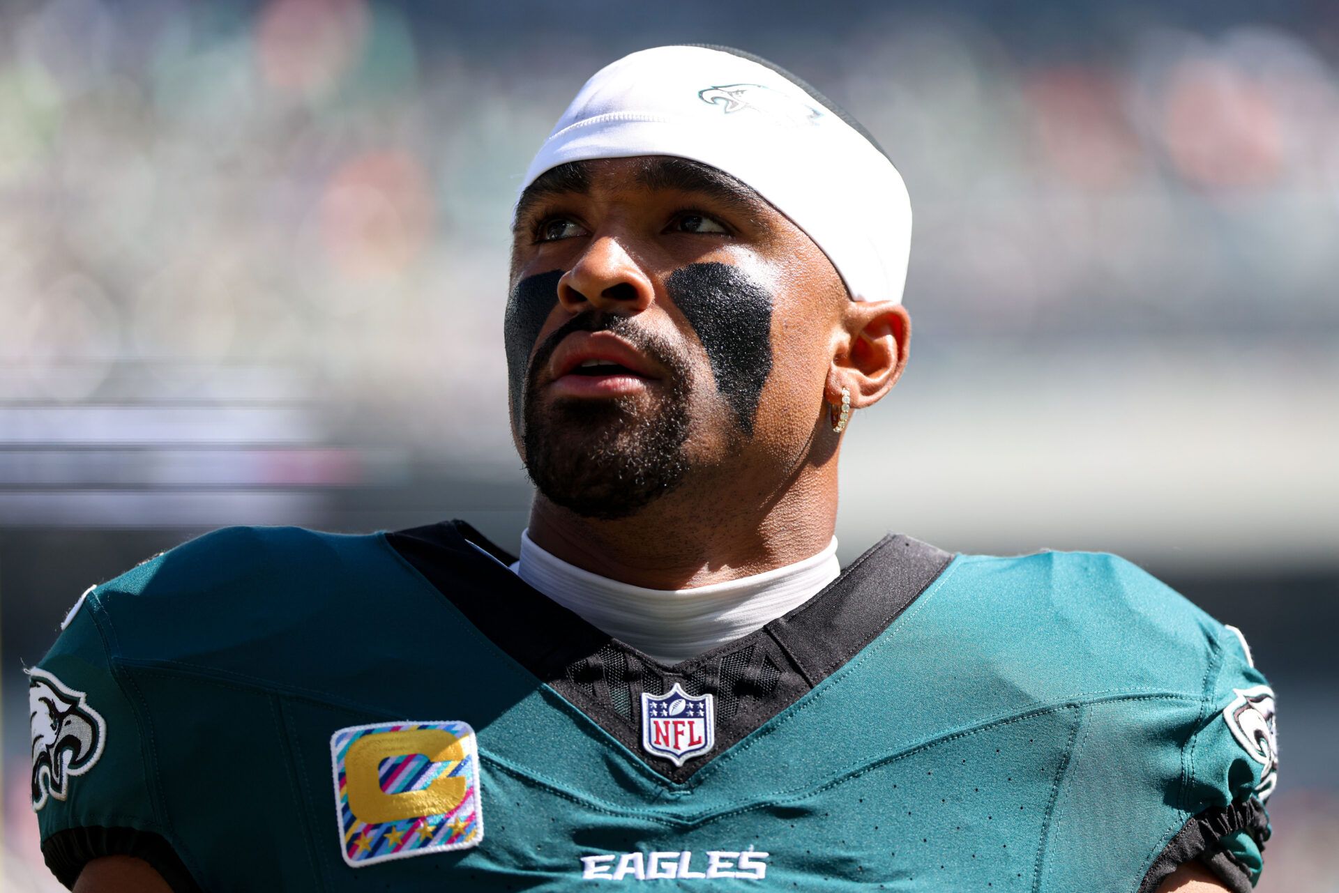 Philadelphia Eagles quarterback Jalen Hurts (1) before action against the Denver Broncos at Lincoln Financial Field.