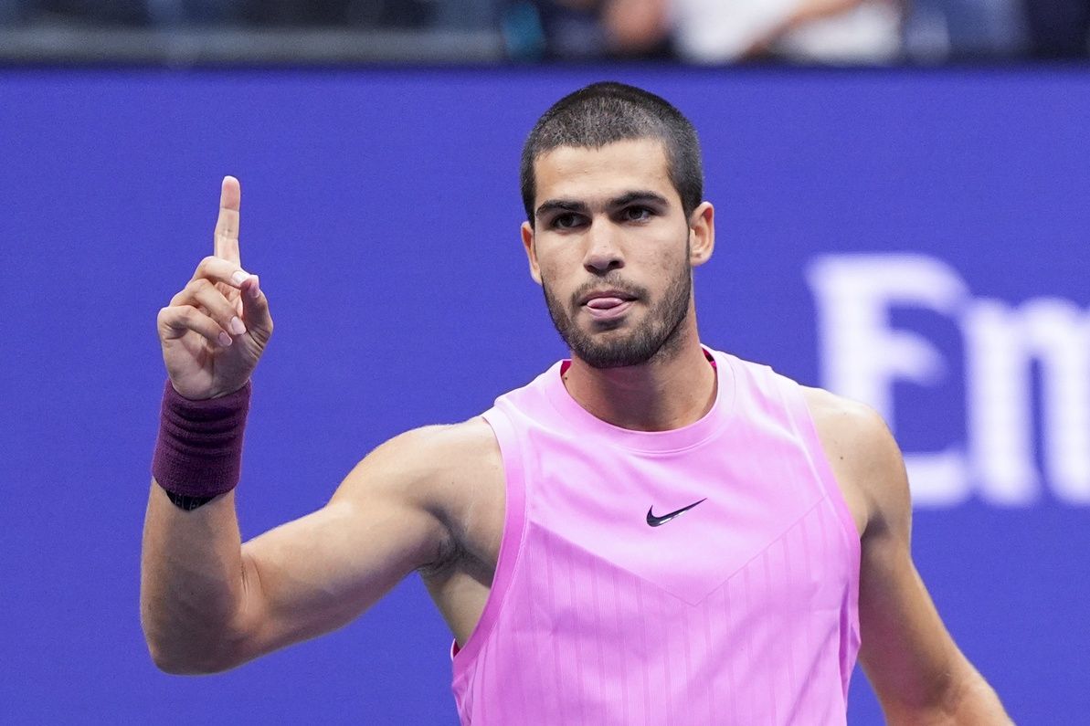 Flushing, NY, USA;  Carlos Alcaraz (ESP) reacts during the final of mens singles against Jannik Sinner (ITA) (not pictured) at Billie Jean King National Tennis Center.