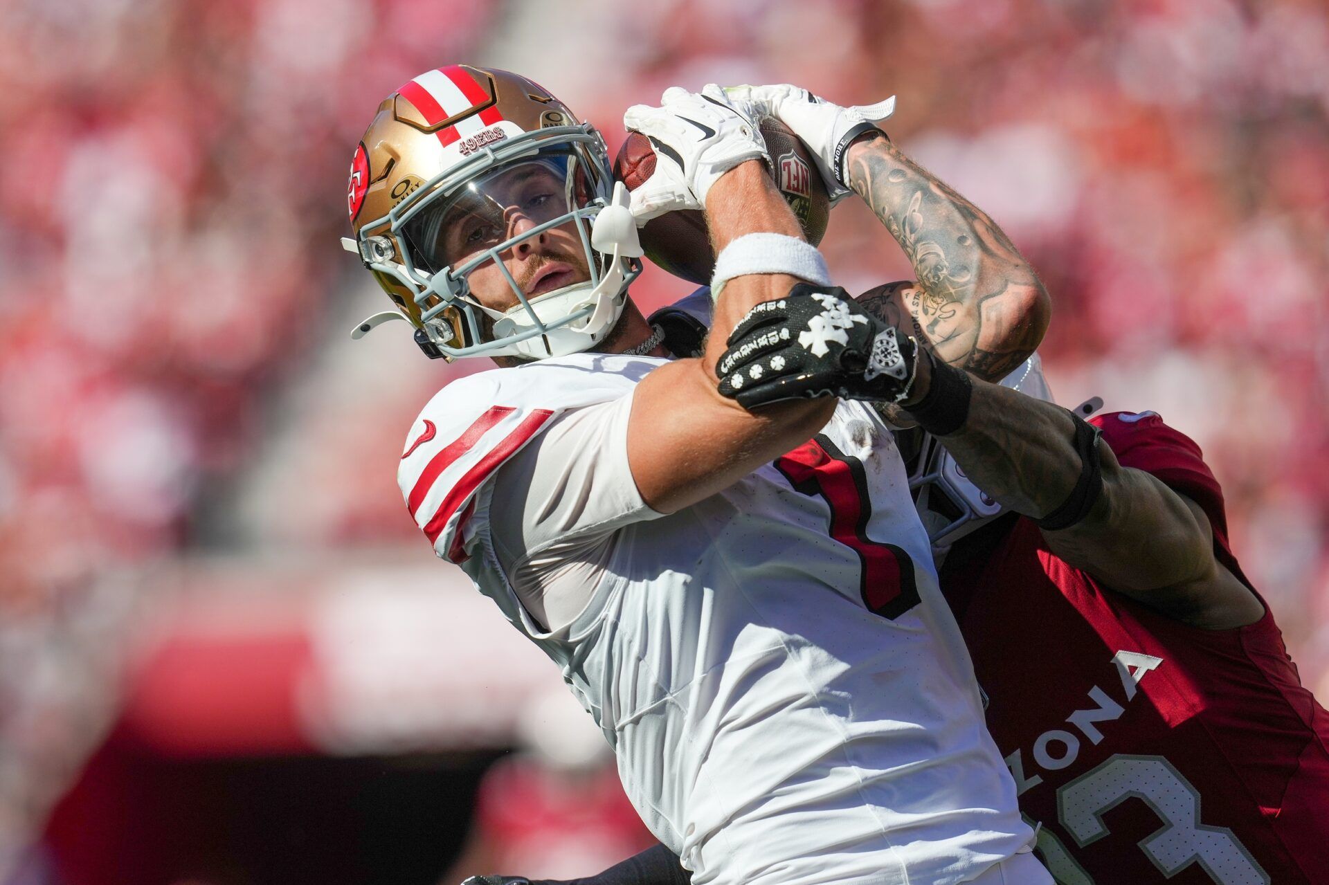 San Francisco 49ers wide receiver Ricky Pearsall (1) makes the catch against the Arizona Cardinals during the second half at Levi's Stadium.