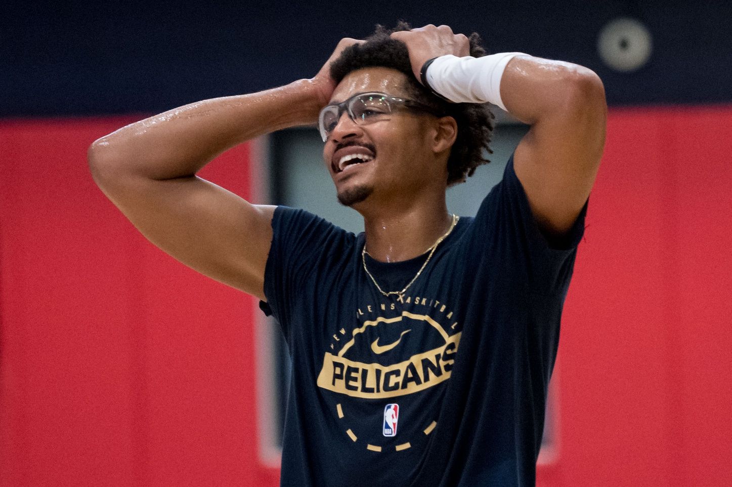 New Orleans Pelicans guard Jordan Poole (3) reacts after a half court shot during media day at Ochsner Sports Performance Center.