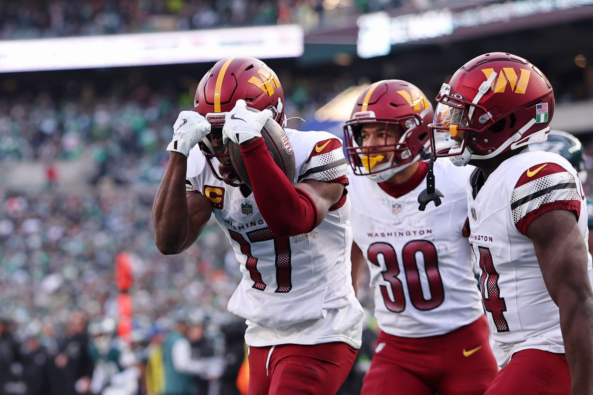 Washington Commanders wide receiver Terry McLaurin (17) reacts after a play against the Philadelphia Eagles during the first half in the NFC Championship game at Lincoln Financial Field.