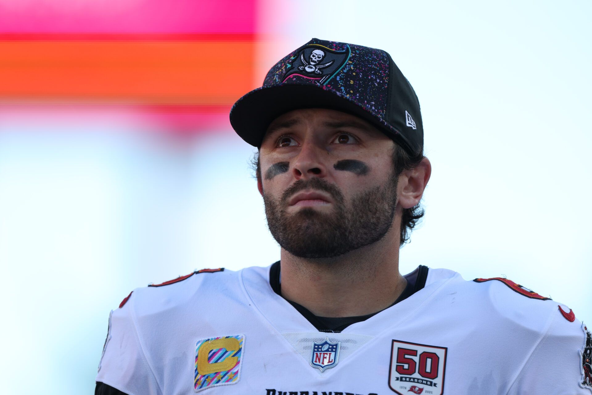 Tampa Bay Buccaneers quarterback Baker Mayfield (6) stands on the field during the second quarter against the San Francisco 49ers at Raymond James Stadium.