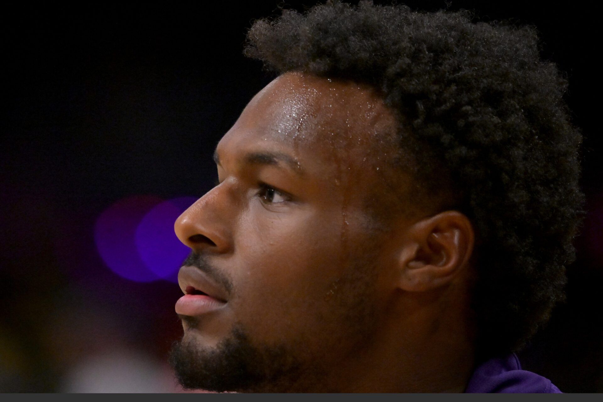 Los Angeles Lakers guard Bronny James (9) warms up prior to the game against the Golden State Warriors at Crypto.com Arena.