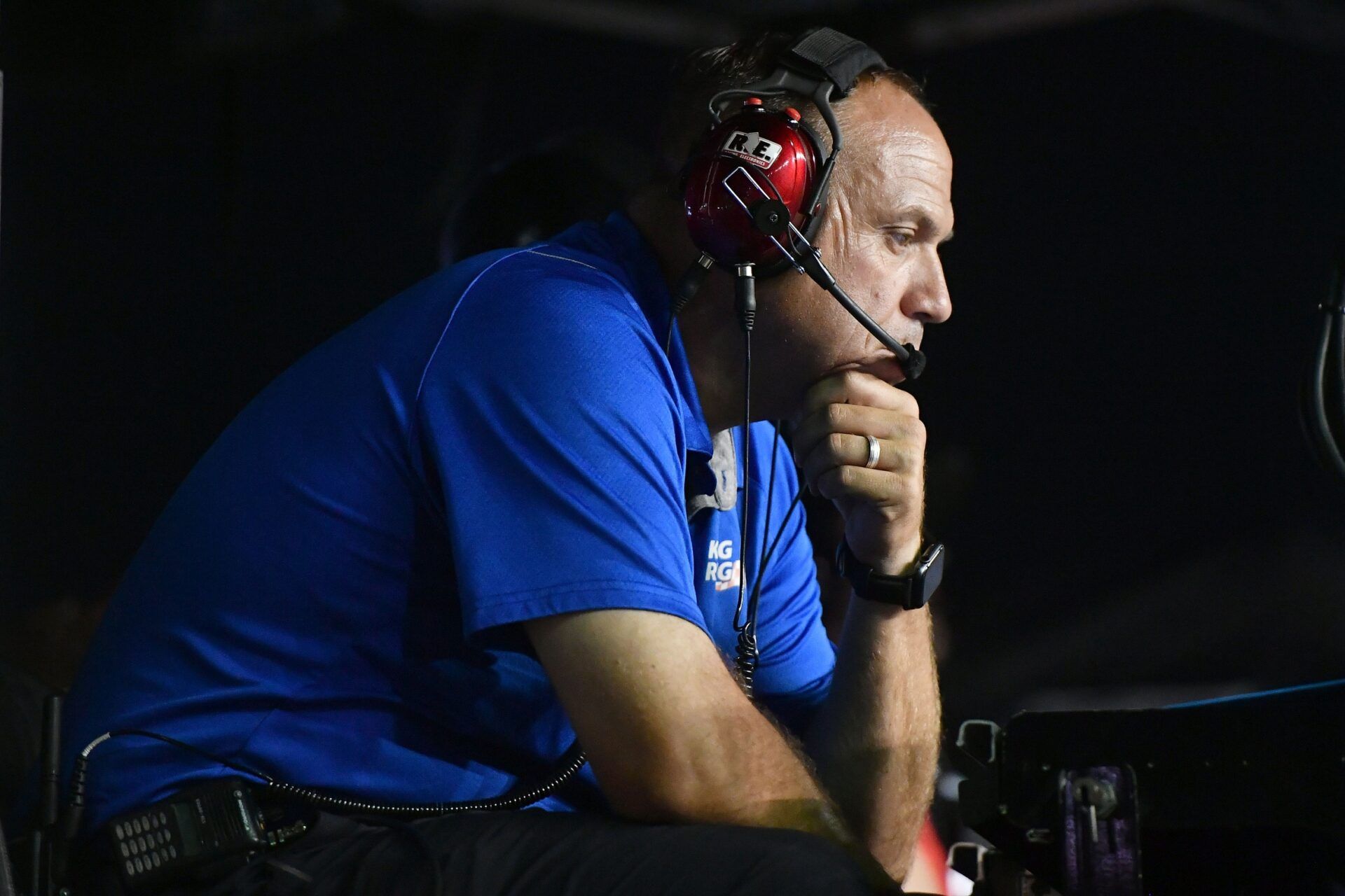 Kaulig Racing president Chris Rice watches his driver Ross Chastain (16) during the Firecracker 250 at Daytona International Speedway.