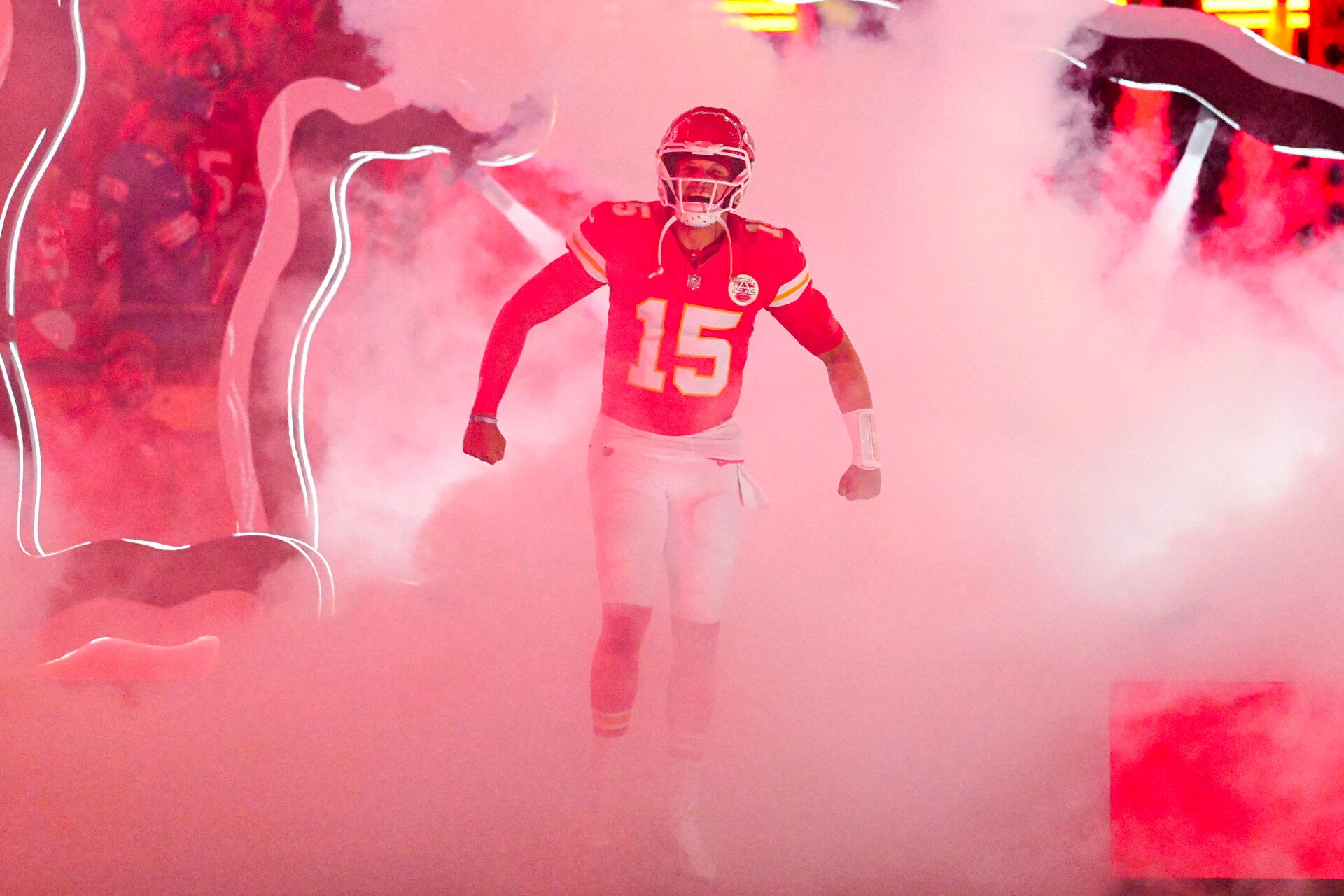 Kansas City Chiefs quarterback Patrick Mahomes (15) takes the field prior to a game against the Detroit Lions at GEHA Field at Arrowhead Stadium.