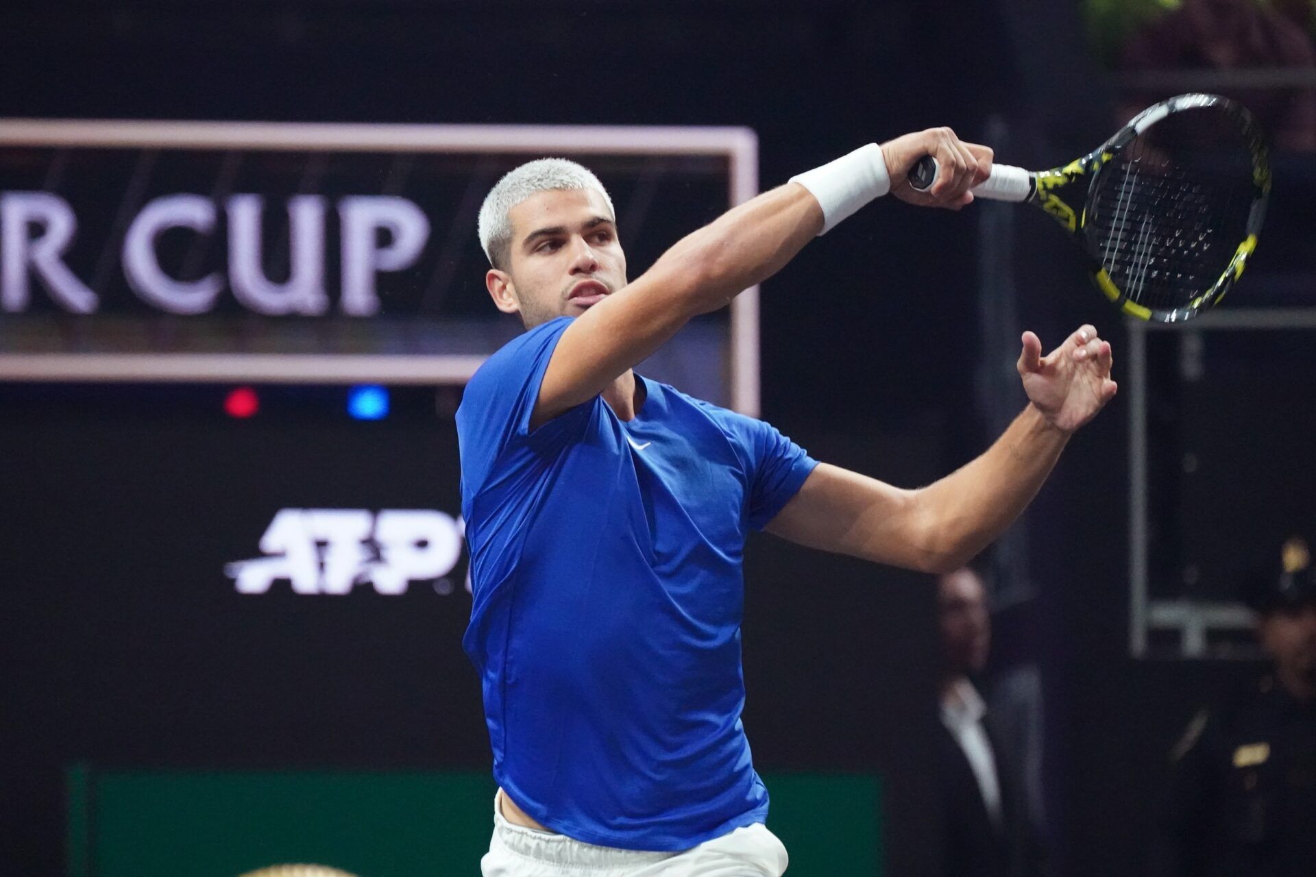 Team Europe player Carlos Alcaraz returns a shot from Team World player Taylor Fritz at the Laver Cup at Chase Center.