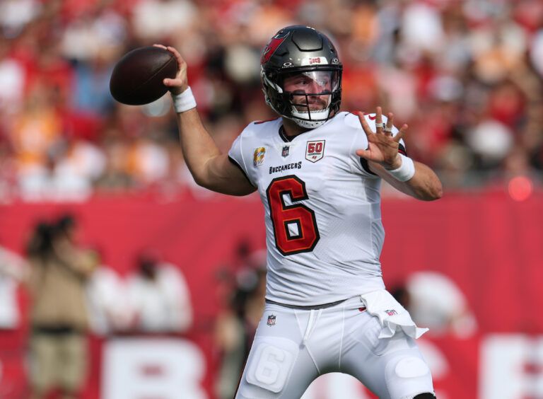 Tampa Bay Buccaneers quarterback Baker Mayfield (6) throws downfield during the first quarter against the San Francisco 49ers at Raymond James Stadium.