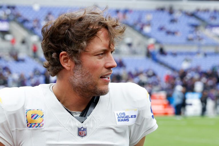 Los Angeles Rams quarterback Matthew Stafford (9) looks on prior to the game against the Baltimore Ravens at M&T Bank Stadium.