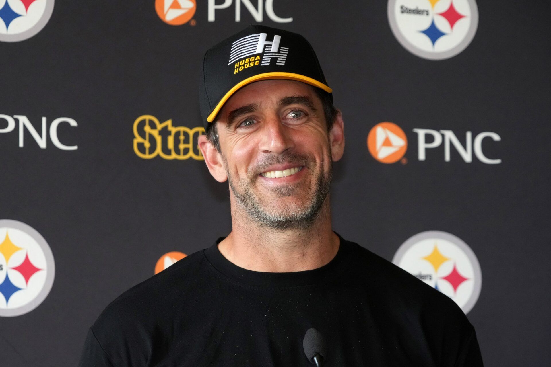 Pittsburgh Steelers quarterback Aaron Rodgers at press conference at Carton House.