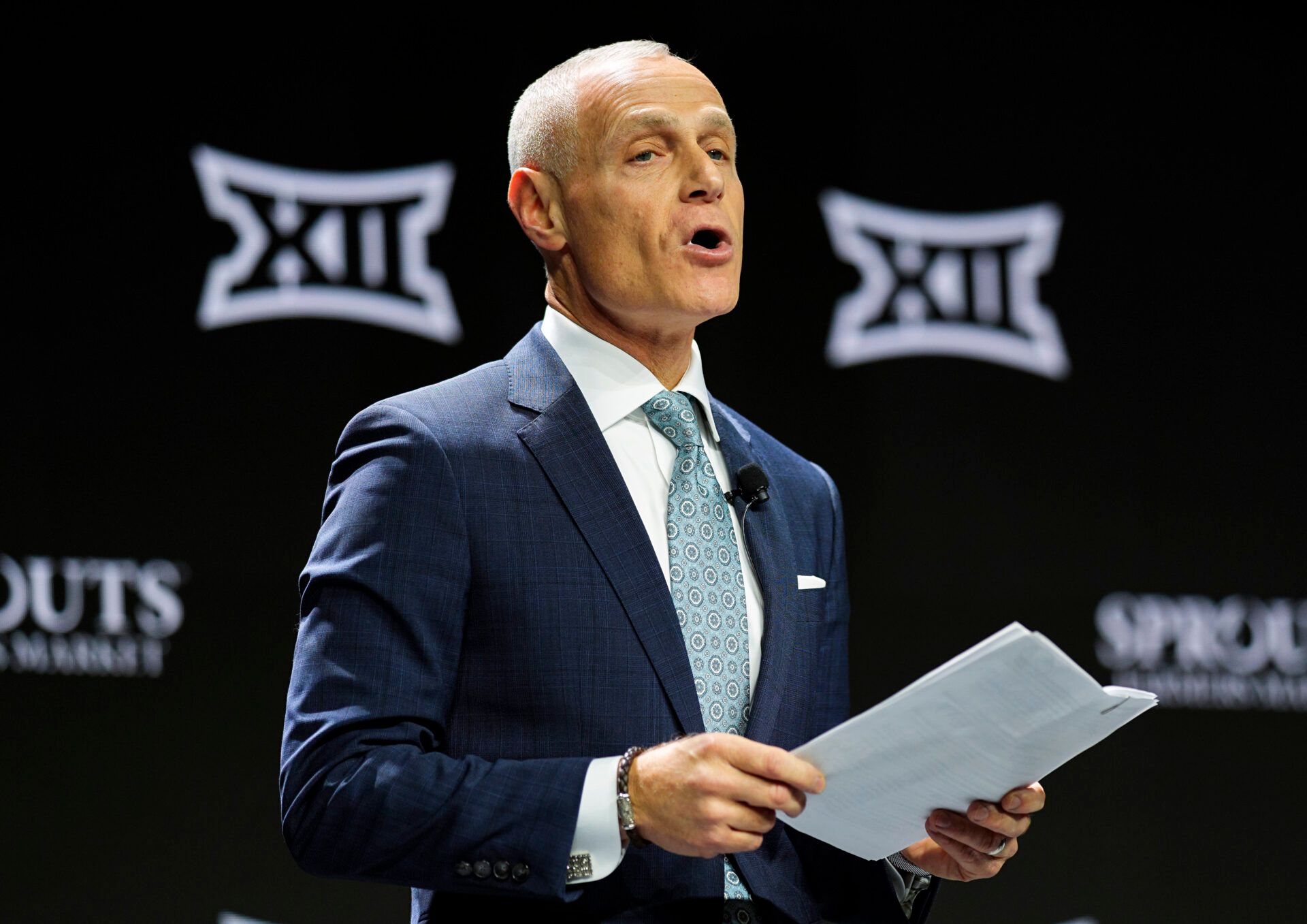 Big 12 Commissioner Brett Yormark speaks to media during Big 12 Women’s Basketball Media Day at T-Mobile Center.