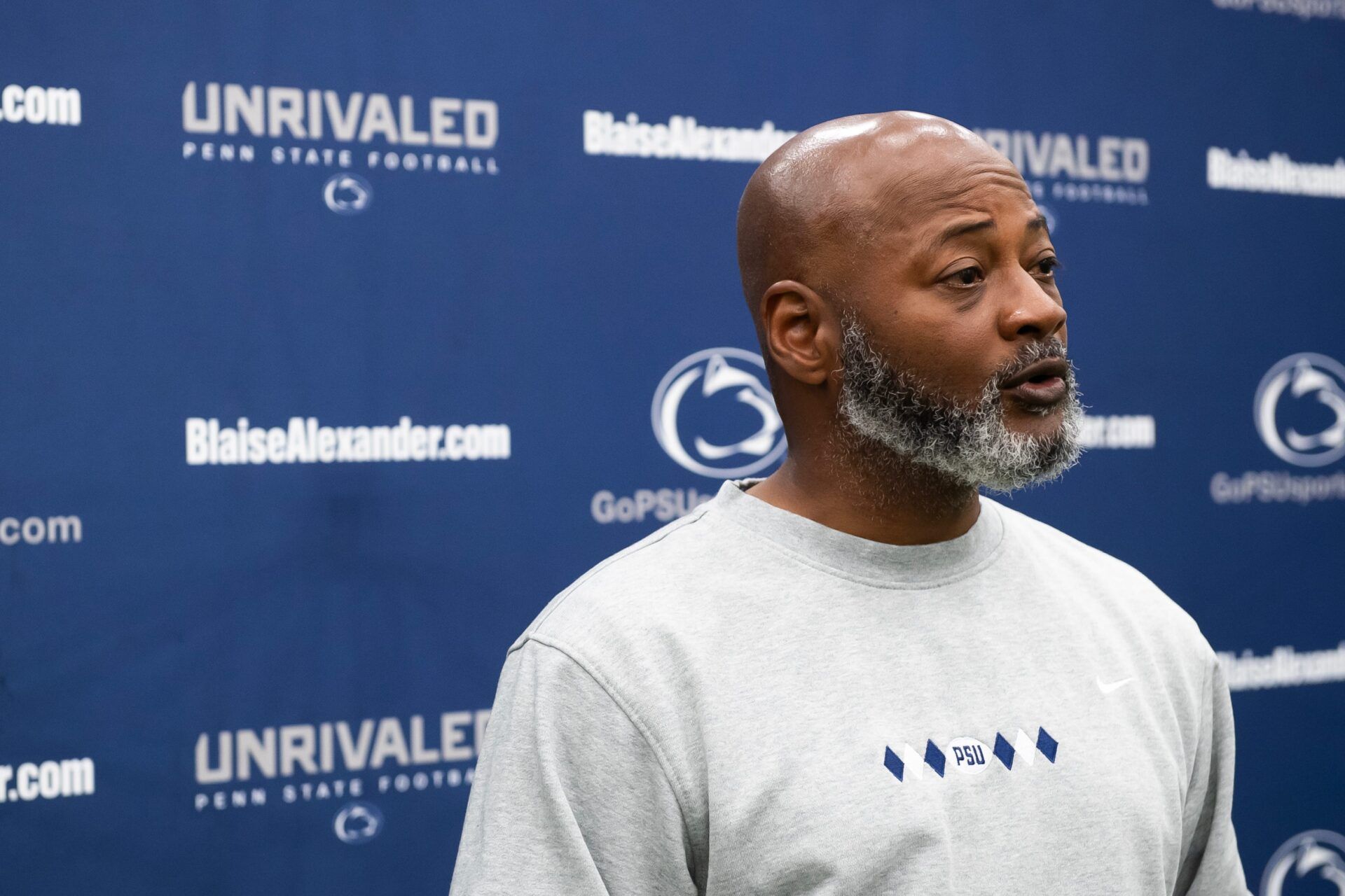 Penn State football cornerbacks coach and associate head coach Terry Smith answers a reporter's question in Holuba Hall on Thursday, June 13, 2024, in State College.