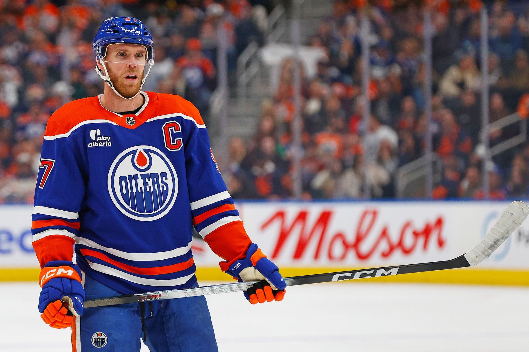 Edmonton Oilers forward Connor McDavid (97) waits for the play to begin against the Vancouver Canucks at Rogers Place.