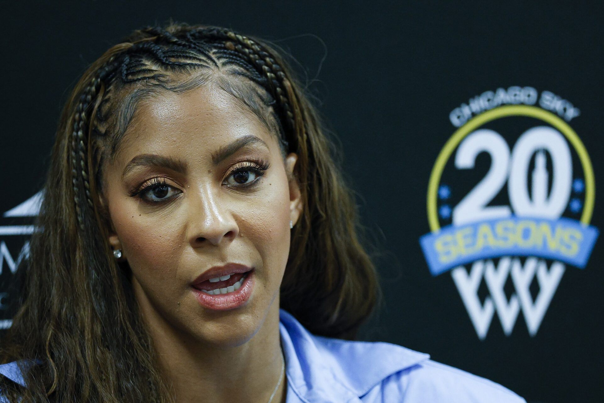Chicago Sky franchise legend and WNBA Champion Candace Parker speaks during a press conference before a WNBA game between the Chicago Sky and Las Vegas Aces at Wintrust Arena.