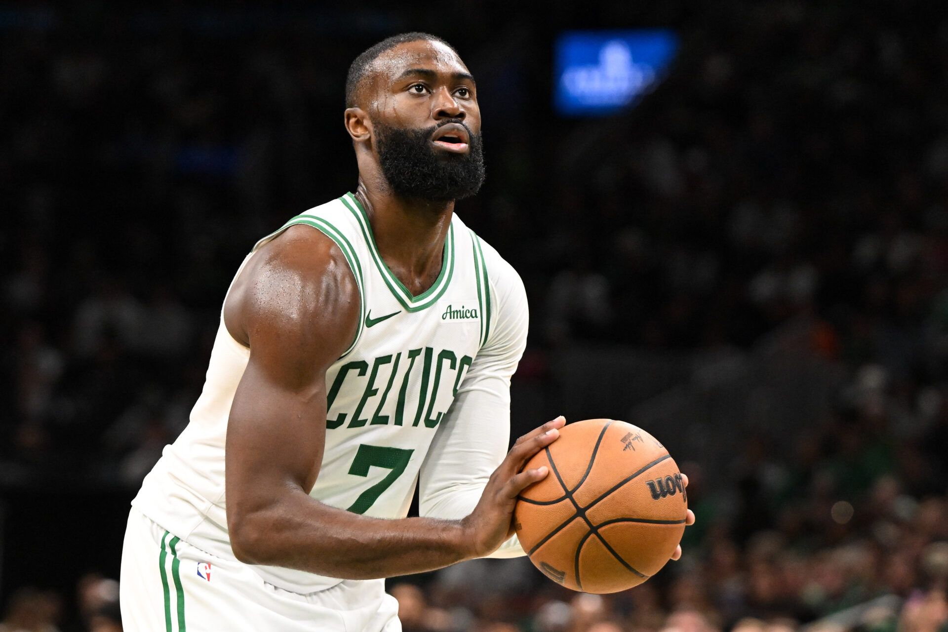 Boston Celtics guard/forward Jaylen Brown (7) attempts a free throw against the Cleveland Cavaliers during the first half at TD Garden.