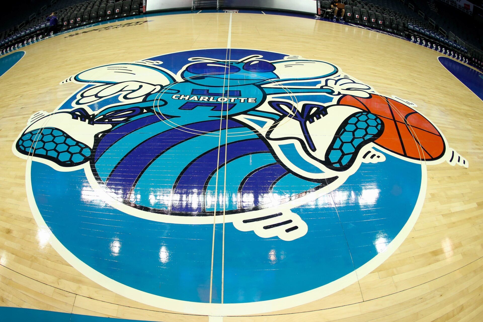 A detail view of the center court logo for Classic Night game between the Charlotte Hornets and the Phoenix Suns at Spectrum Center.