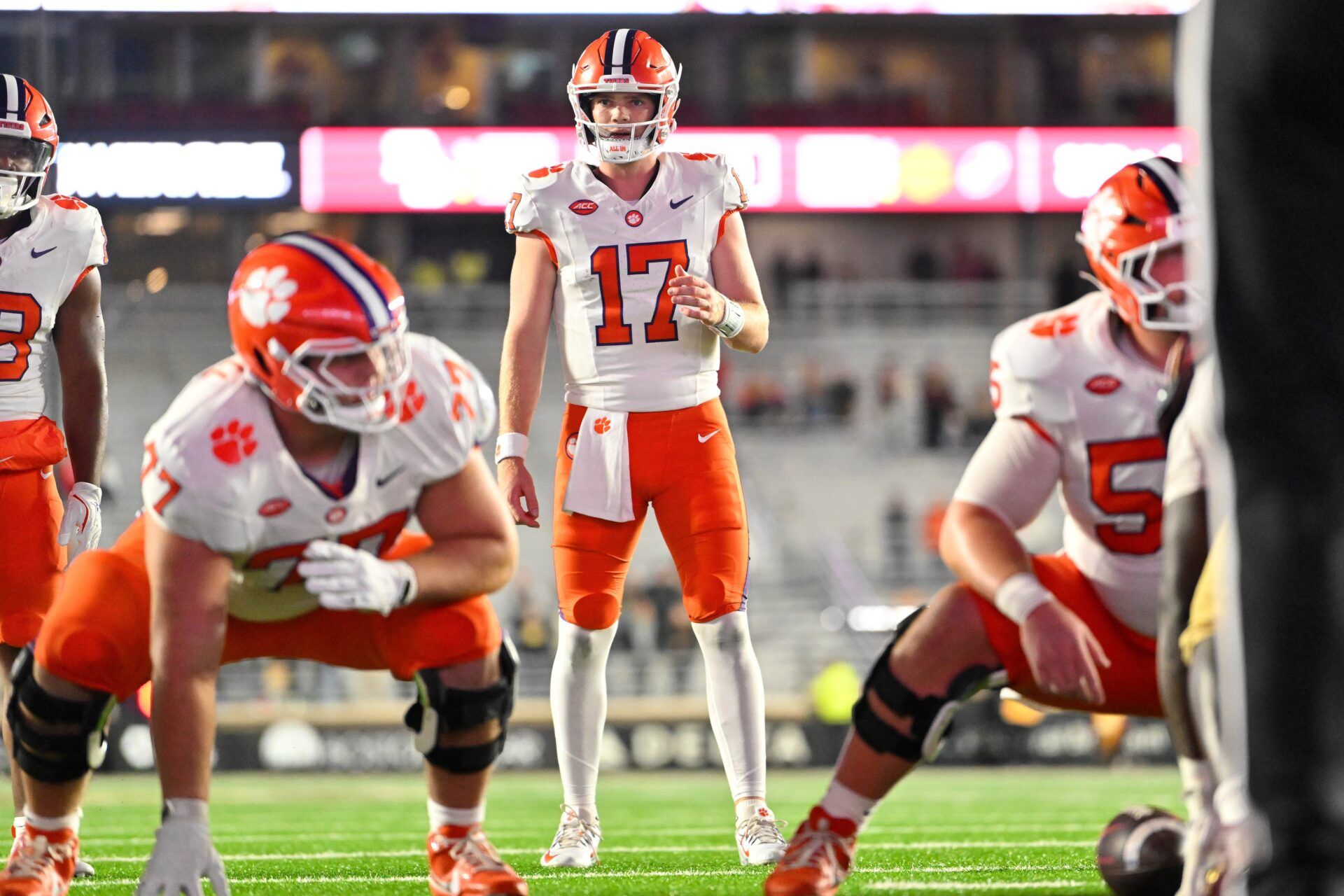 Clemson Tigers quarterback Christopher Vizzina (17) reads the defense during the second half against the Boston College Eagles at Alumni Stadium.