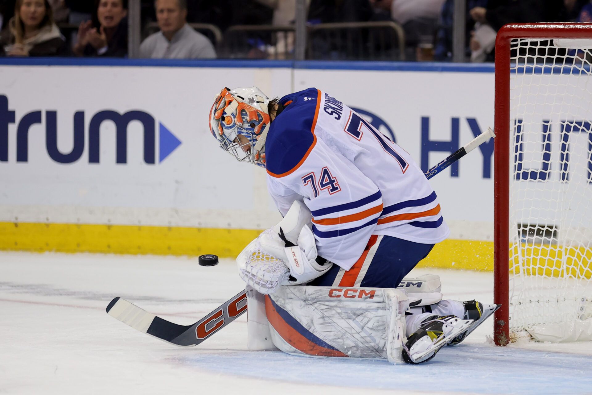 Edmonton Oilers goaltender Stuart Skinner (74) makes a save against the New York Rangers during the first period at Madison Square Garden.