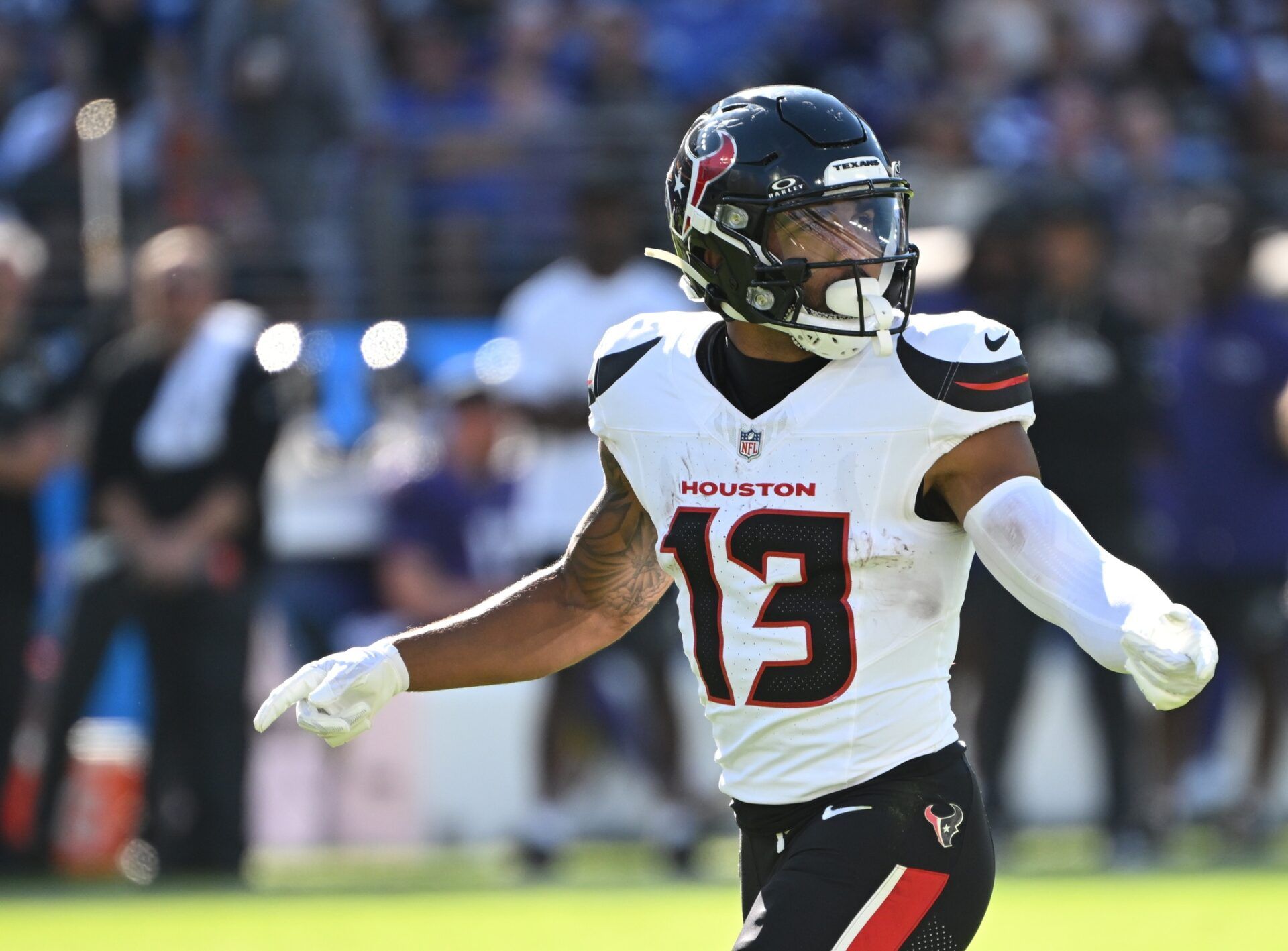 Houston Texans wide receiver Christian Kirk (13) reacts during the fourth quarter against the Baltimore Ravens at M&T Bank Stadium.