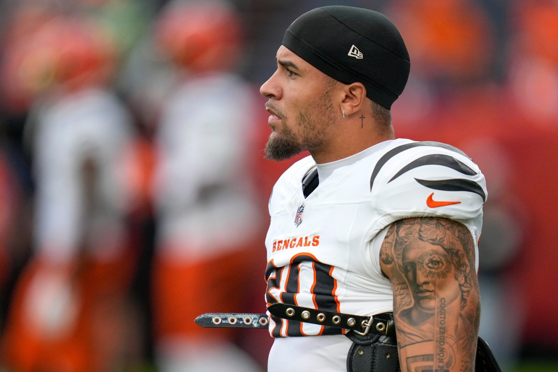 Cincinnati Bengals running back Chase Brown (30) warms up before the first quarter of the NFL Week 4 Monday Night Football game between the Denver Broncos and the Cincinnati Bengals at Empower Field at Mile High in Denver on Monday, Sept. 29, 2025.