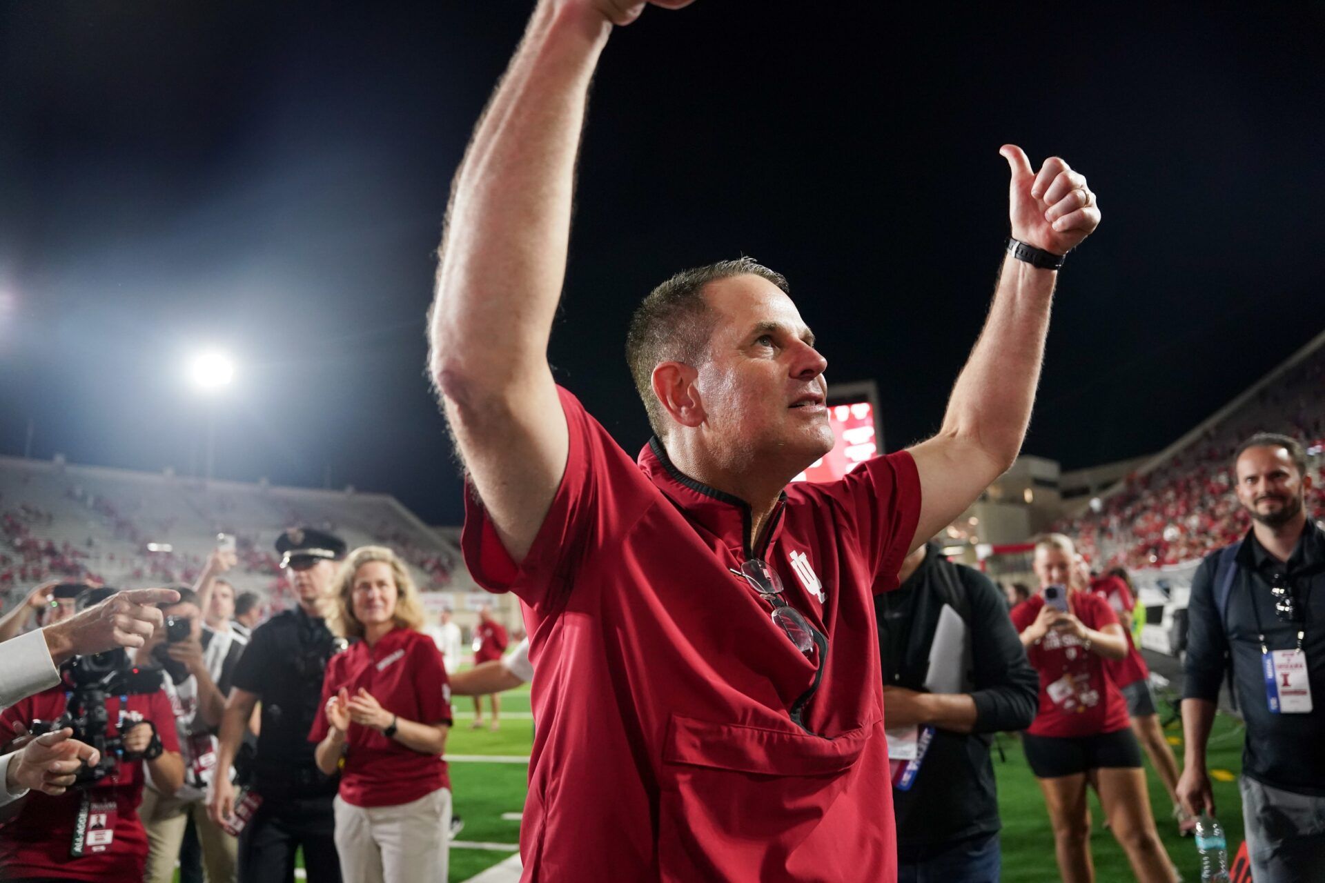 Indiana Hoosiers head coach Curt Cignetti celebrates after defeating the Illinois Fighting Illini at Memorial Stadium.
