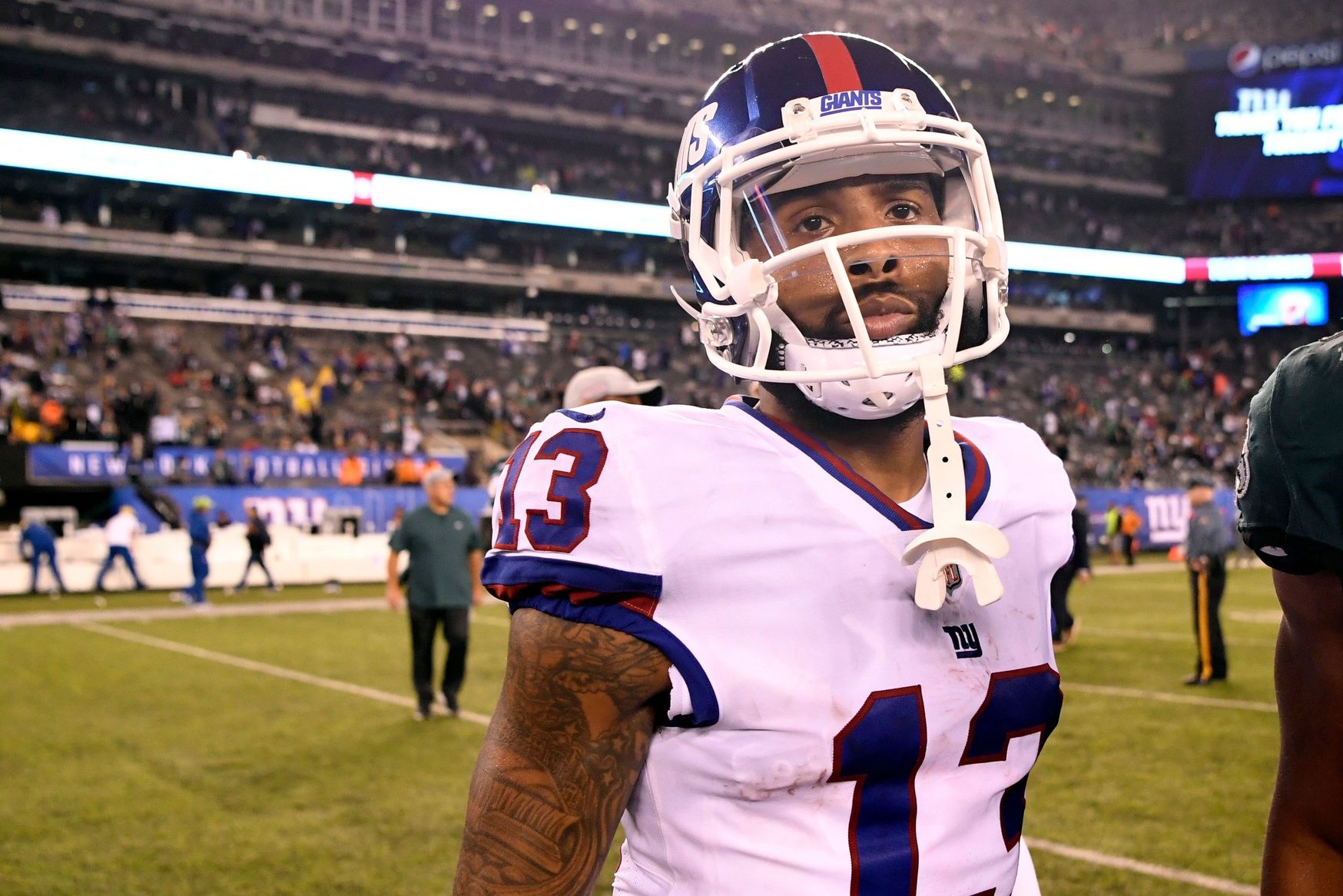 New York Giants wide receiver Odell Beckham Jr. (13) walks off the field after the Giants' 34-13 loss to the Philadelphia Eagles on Thursday, Oct. 11, 2018, in East Rutherford.

Nyg Vs Phi